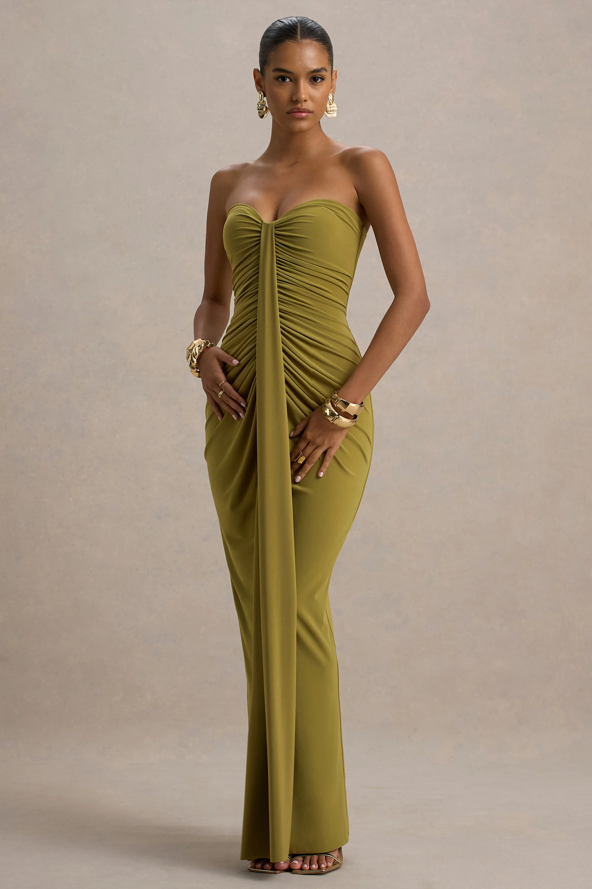 Ali | Olive Sweetheart Ruched Wrap Maxi Dress