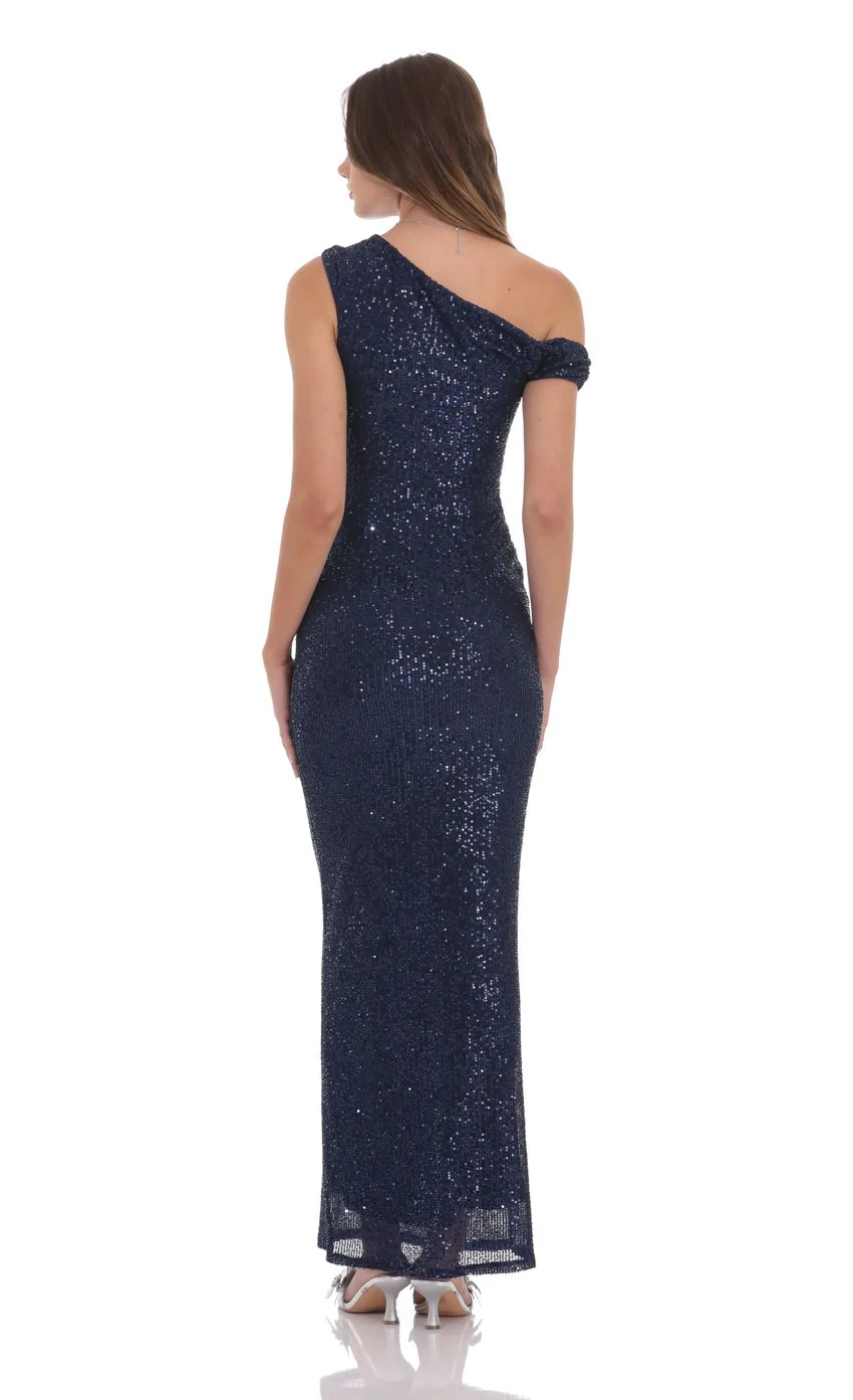 Sequin Off Shoulder Maxi Dress in Navy - luluinthesky