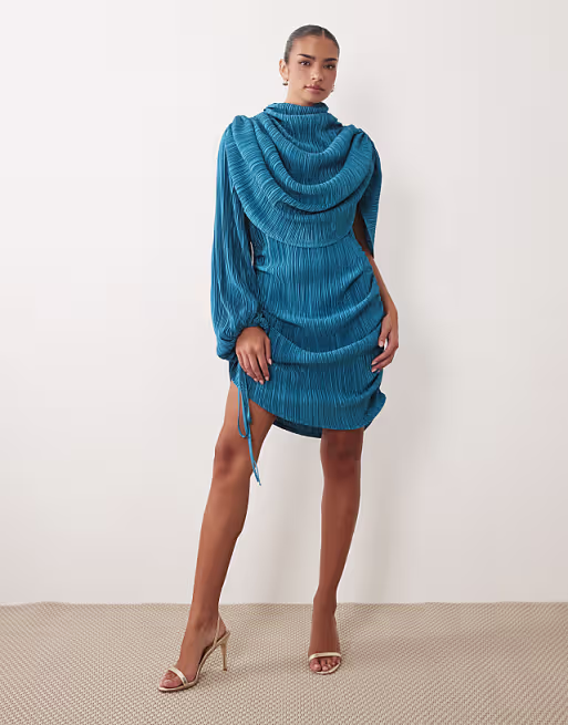 plisse asymmetric cape sleeve mini dress in blue teal