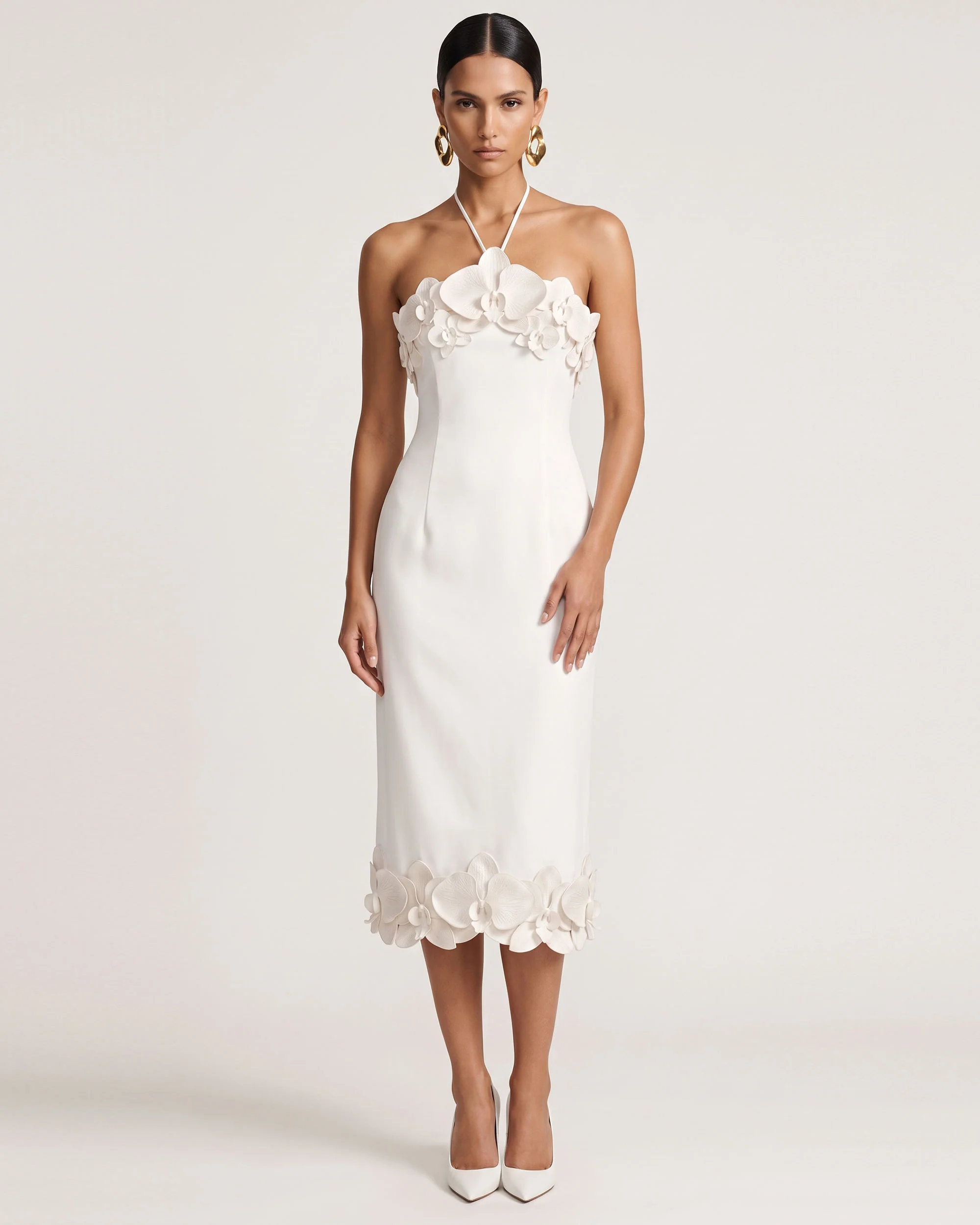 Orchid Embroidered Halter Midi Dress - White