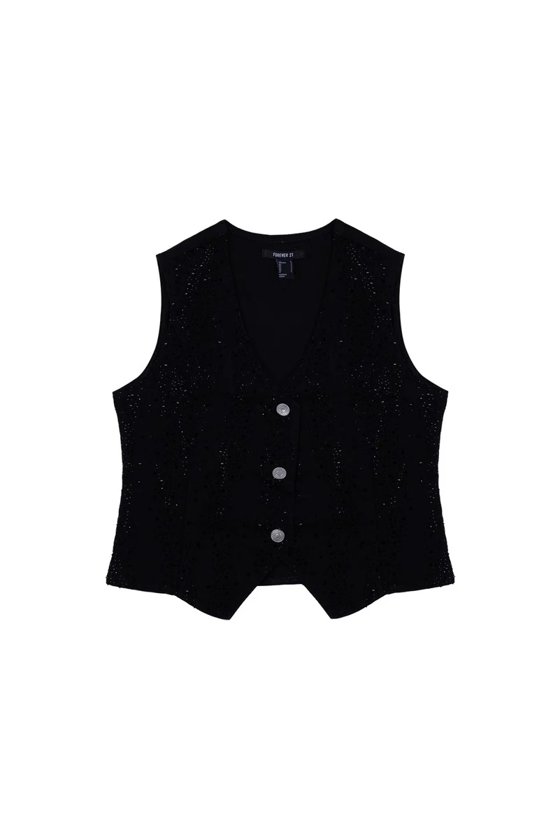 Stretch Denim Vest with Rhinestones