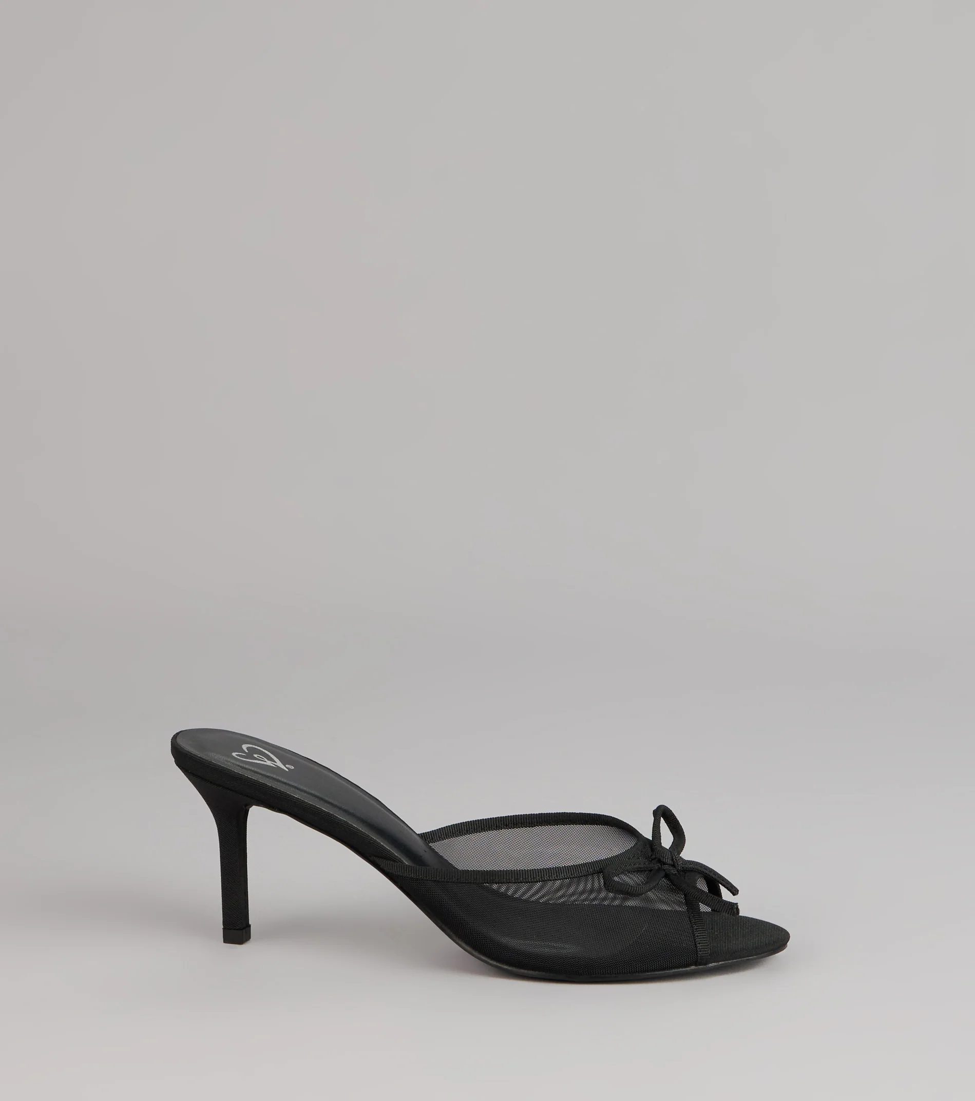 Polished Sweet Bow Detail Mesh Mule Heels
