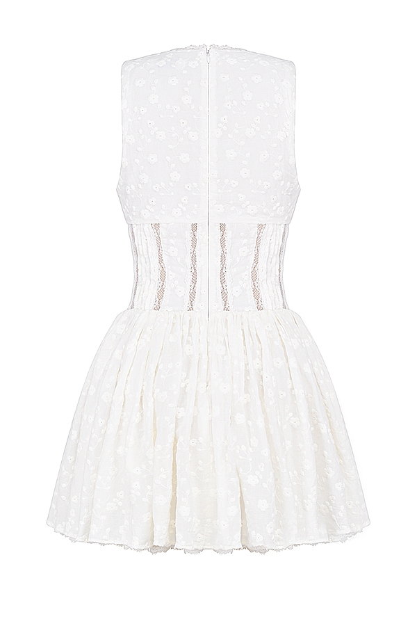 White Cotton Broderie Anglais Plunge Mini Dress