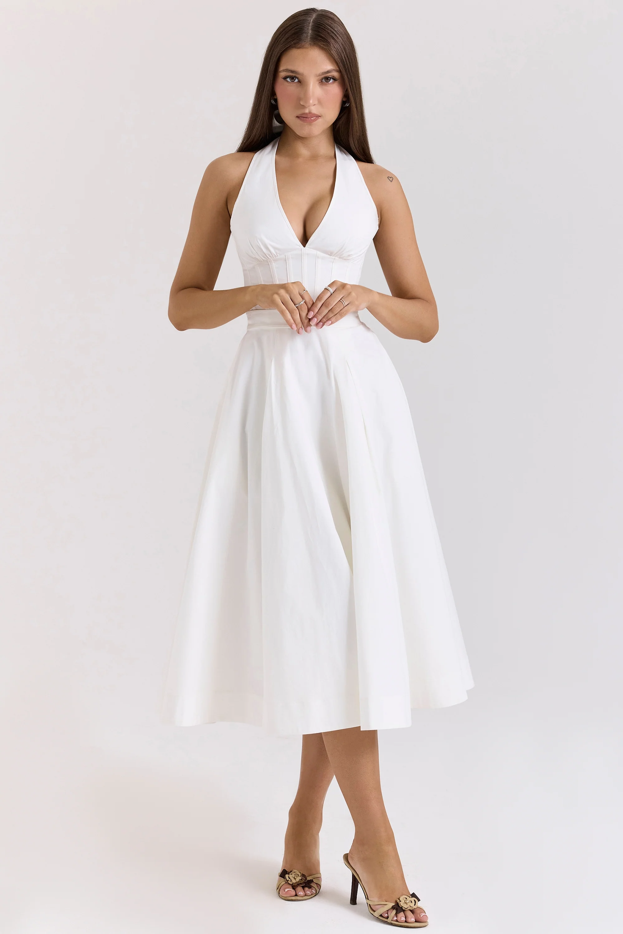 White Stretch Cotton Halter Midi Sundress
