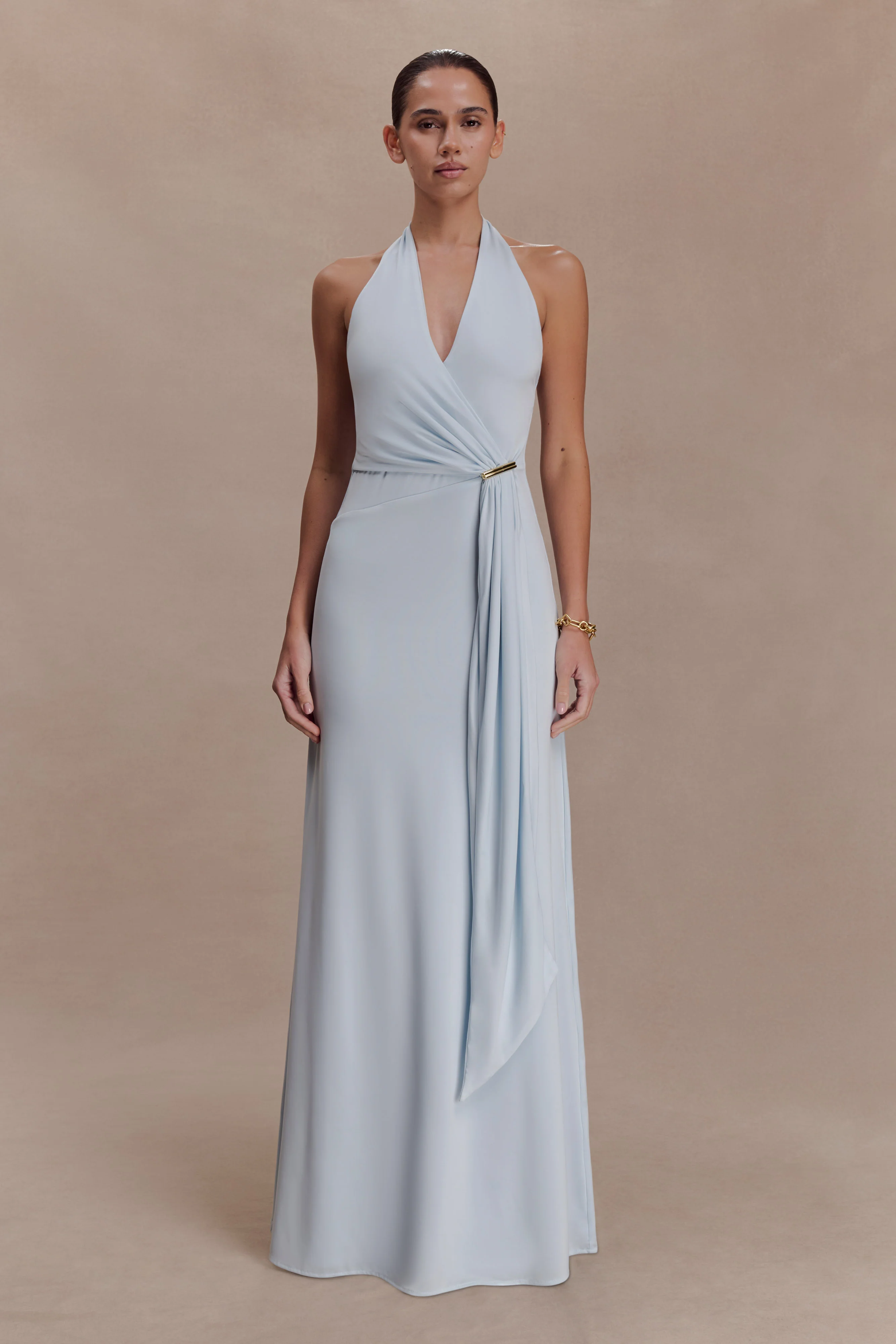 Veda Slinky Halter Maxi Dress - Pale Blue