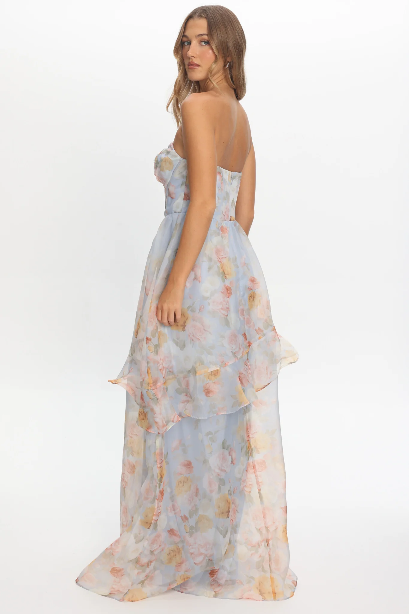 Petrice Asymmetric Layer Maxi Dress Floral Light Blue