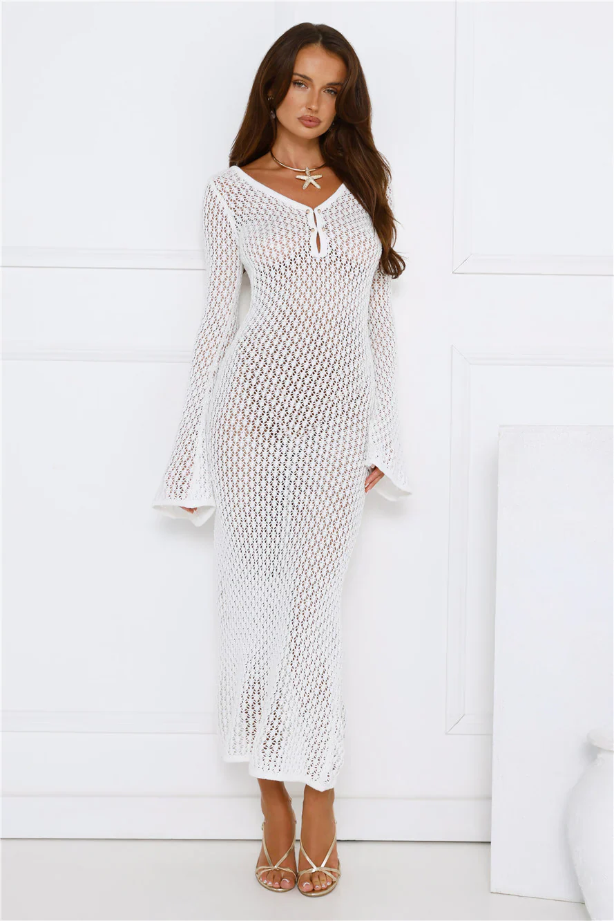 Sailing Into Sunset Knit Long Sleeve Maxi Dress White