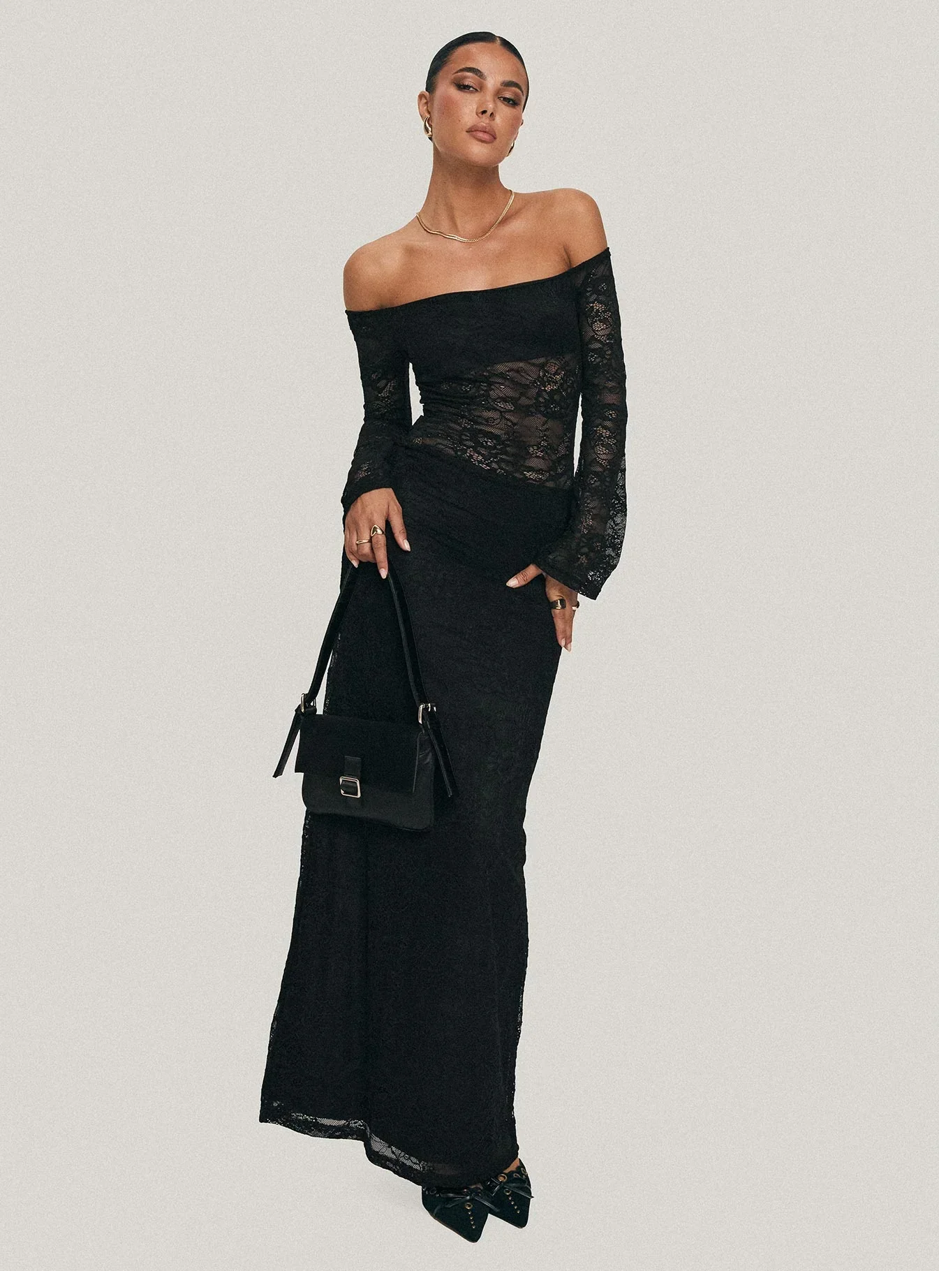 Pinot Grigio Long Sleeve Lace Maxi Dress Black - luluinthesky