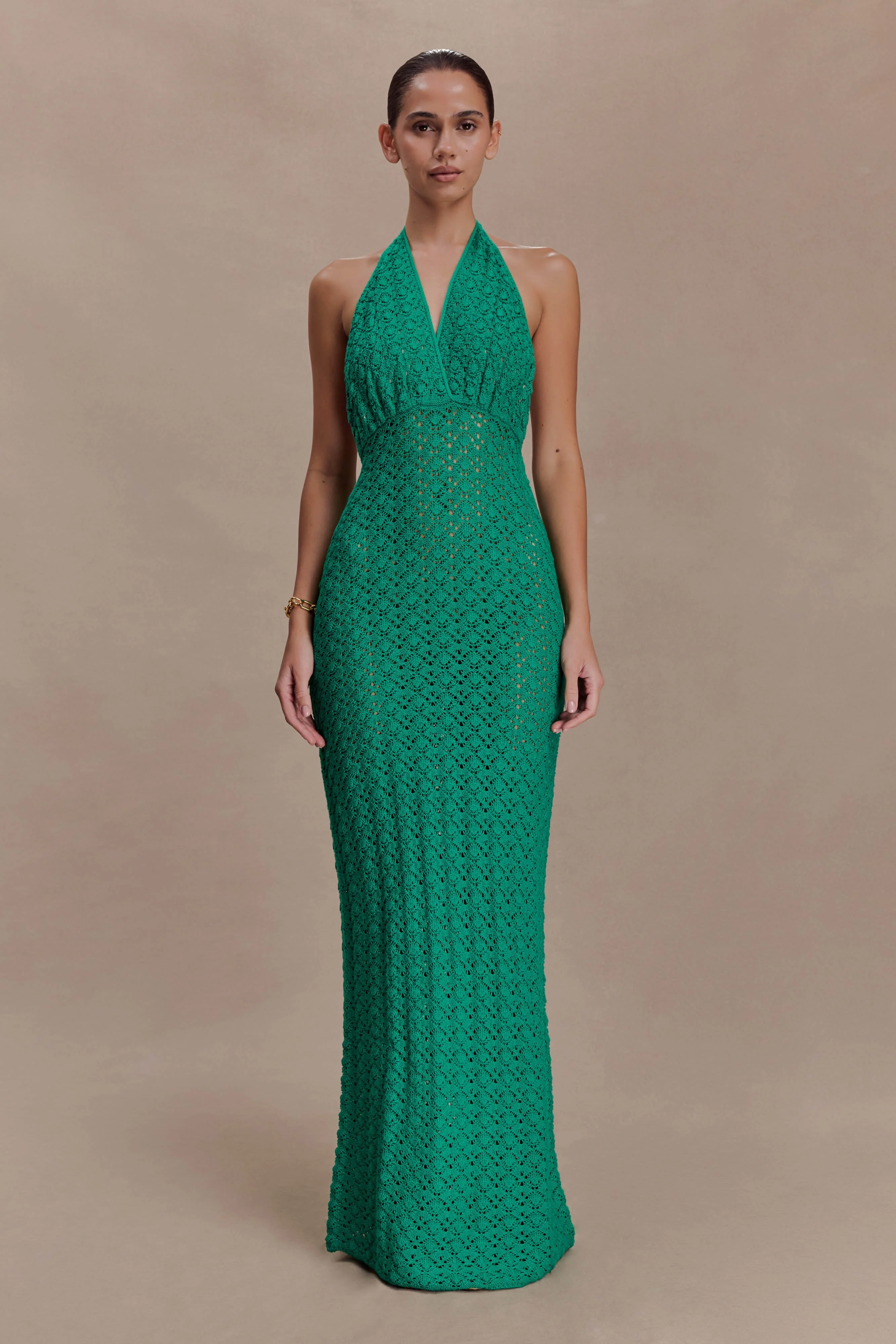 Deeliah Halterneck Crochet Maxi Dress - Emerald