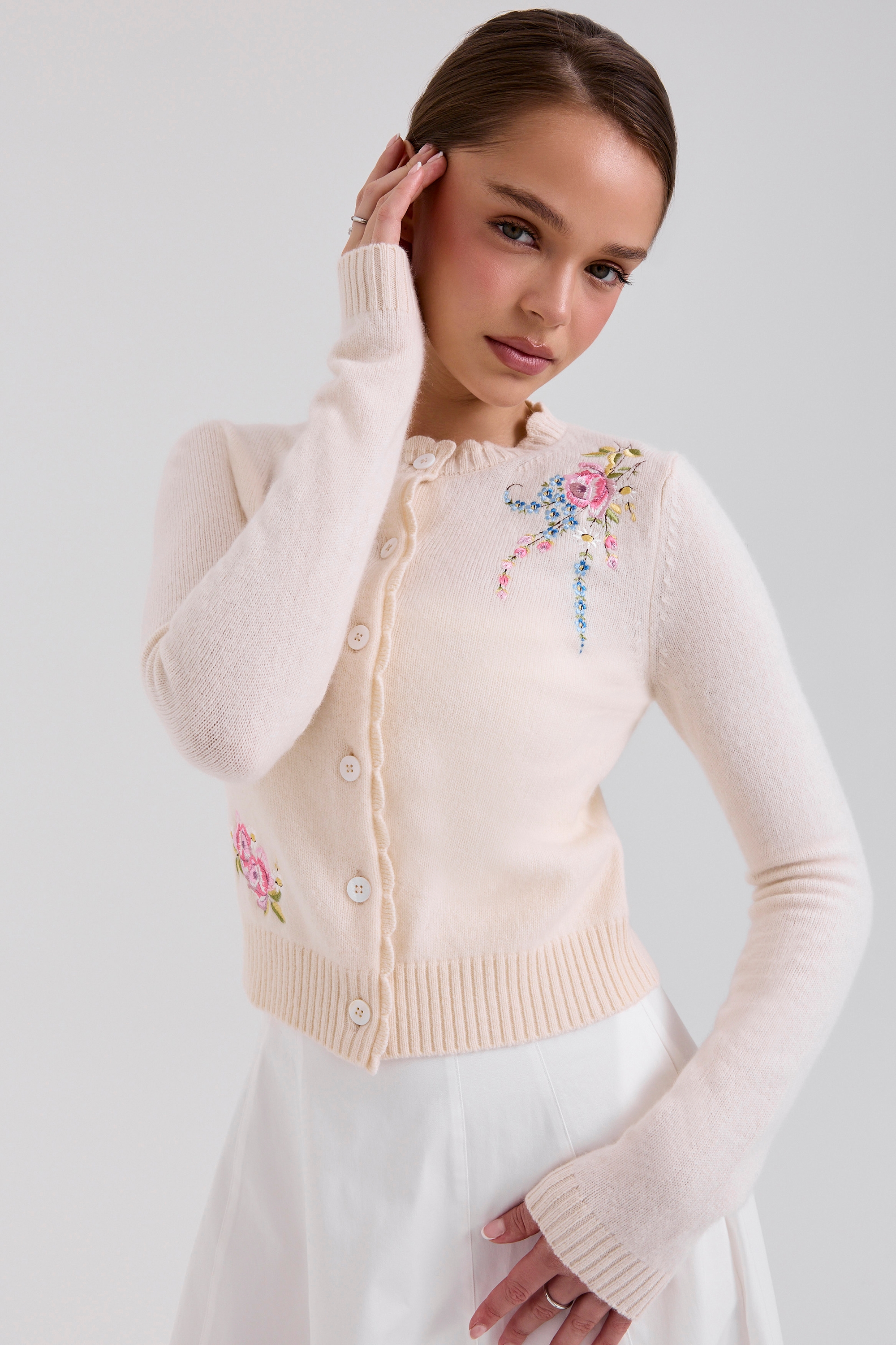 cream lambswool floral embroidered cardigan