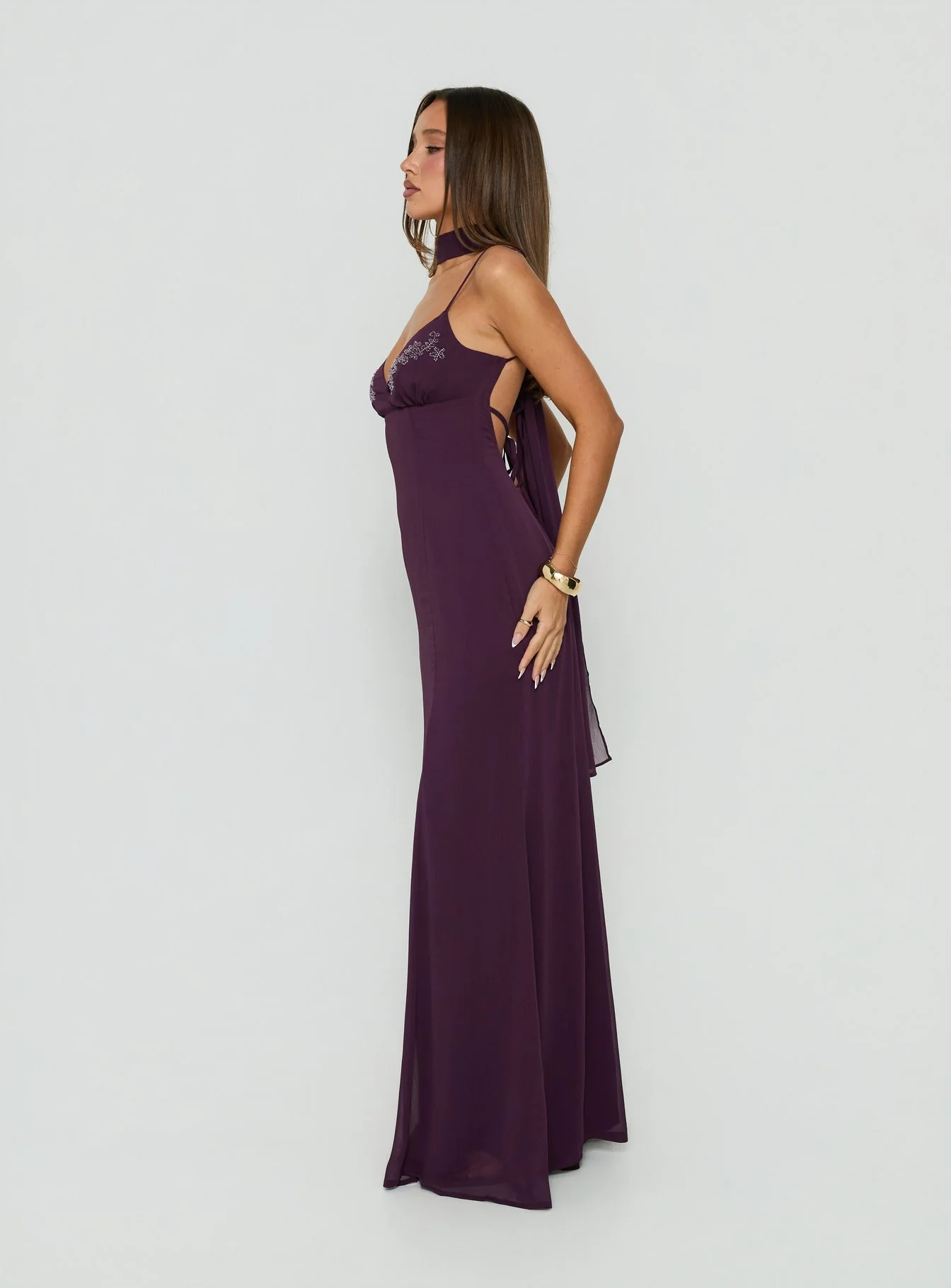 Jadira Scarf Maxi Dress Plum - FASHION NOB