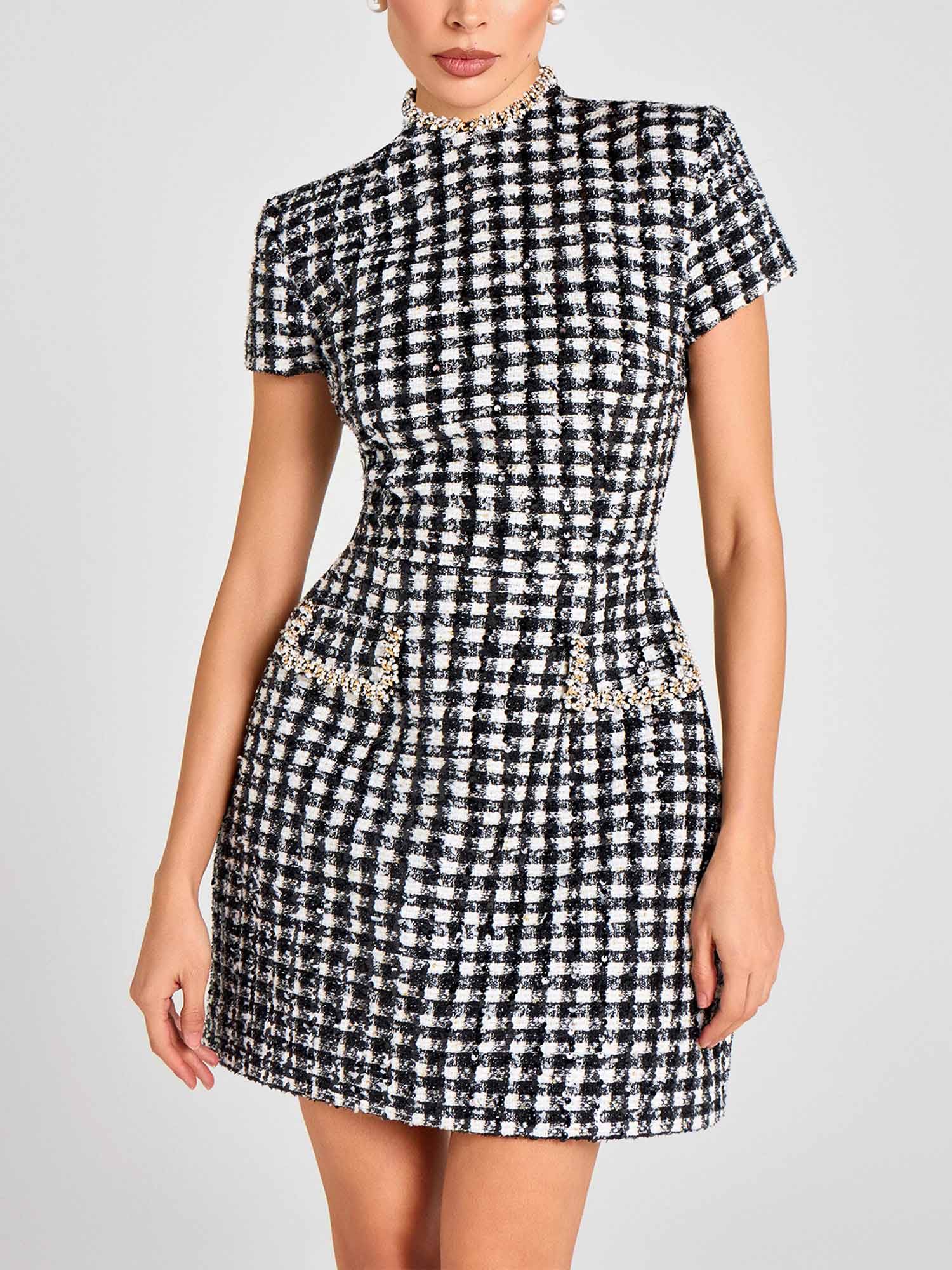 Plaid Pearl Trim Mini Dress