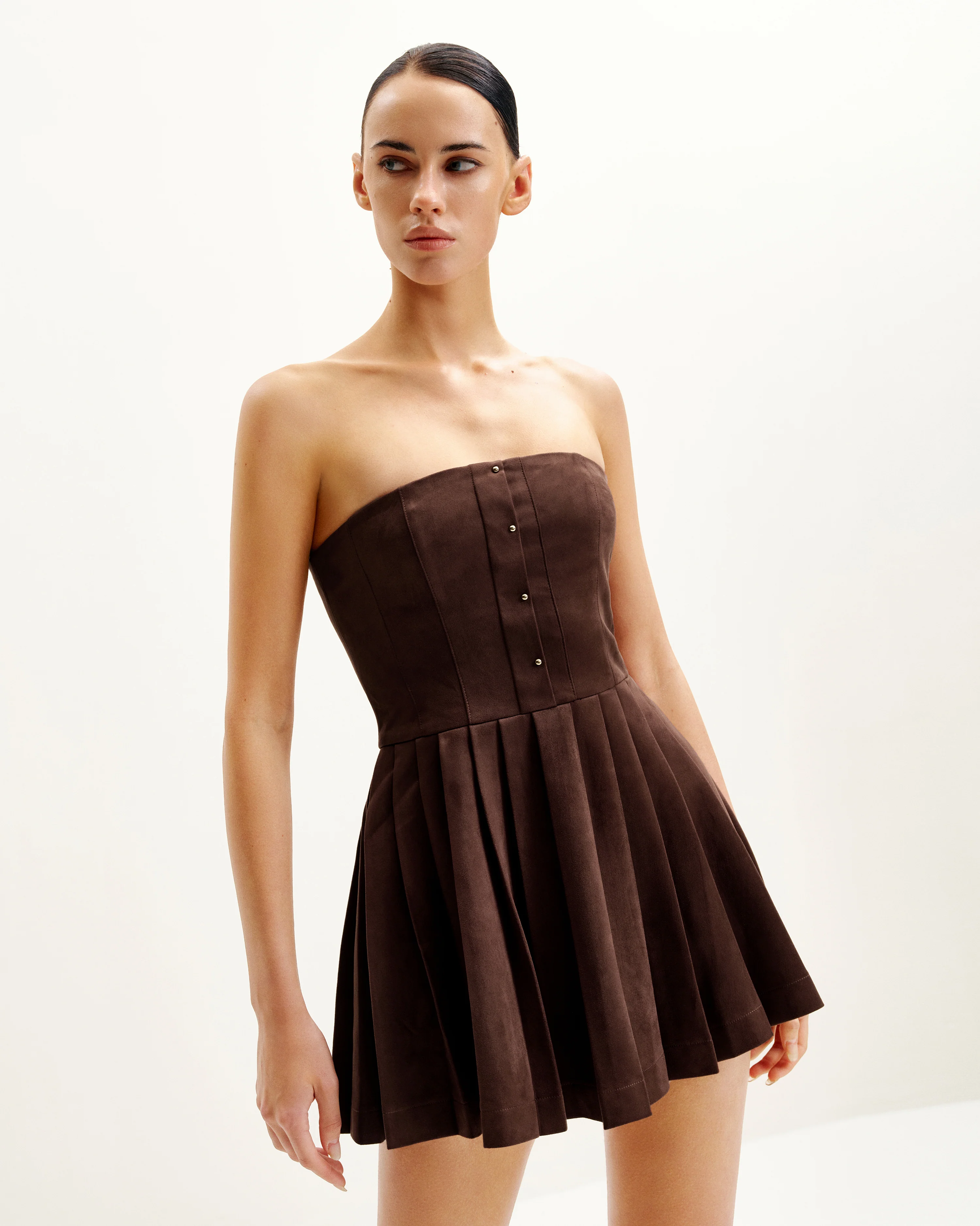 Ellie Pleated Velvet Dress - Chocolate Brown - FASHION NOB