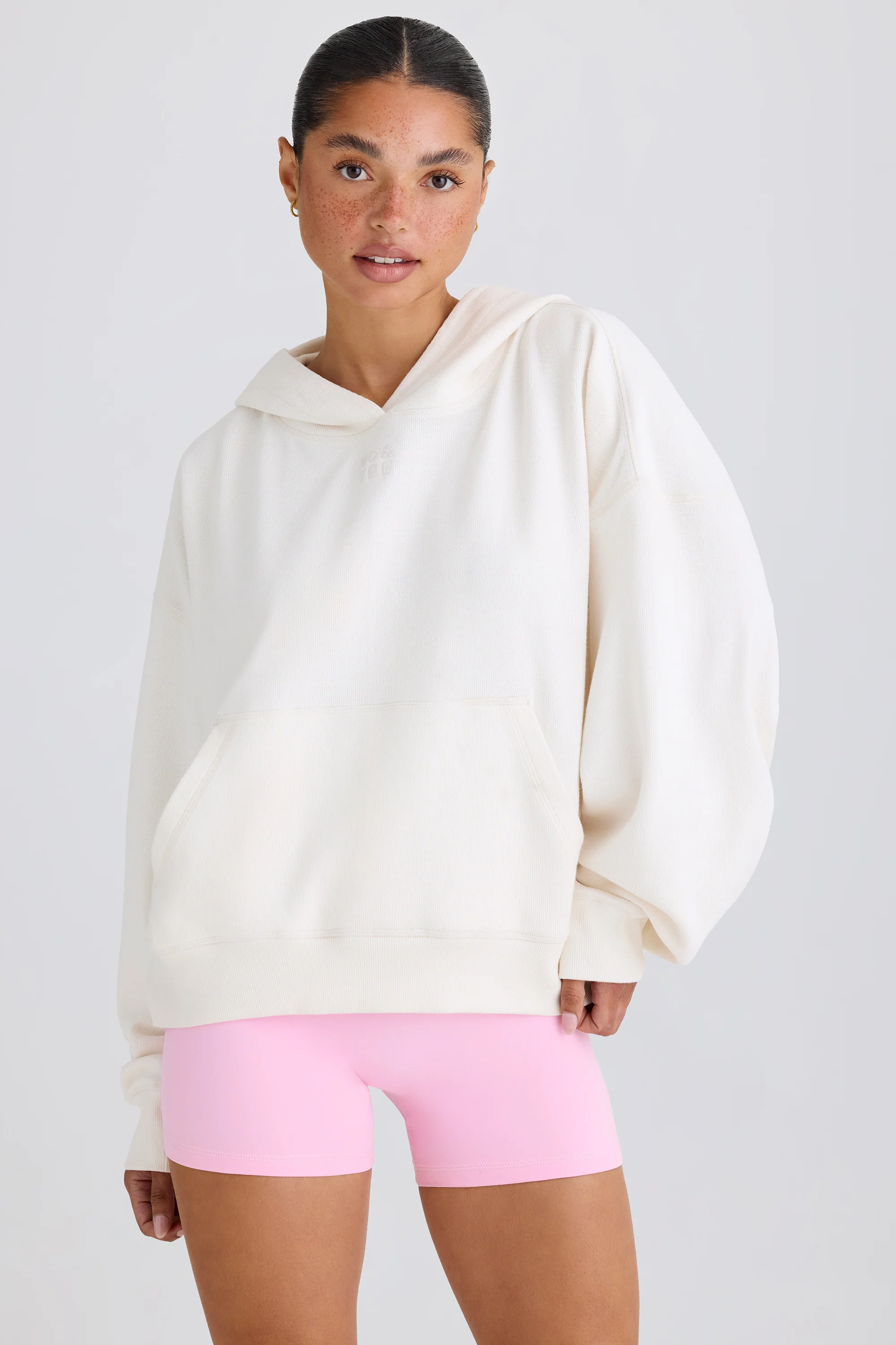 Textured Cotton Jersey Graphic Print Hoodie in White