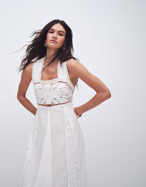 Topshop cutwork broderie mixed trapeze maxi dress in white