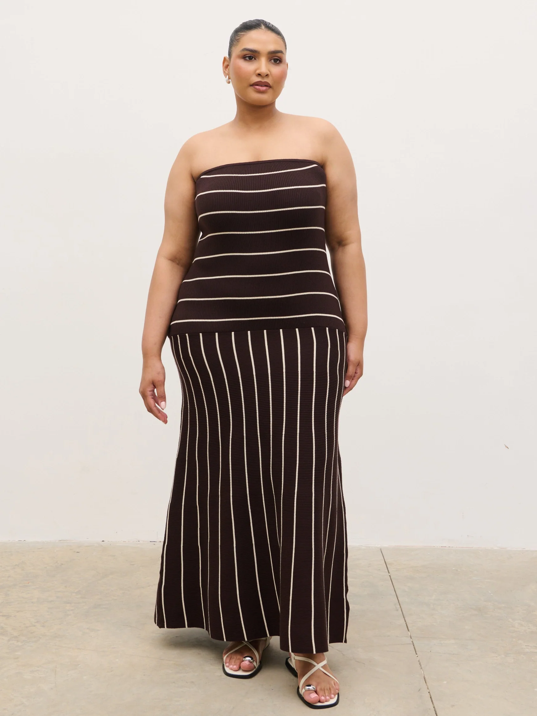 Pixie Bandeau Stripe Knit Long Midaxi Dress Curve - Brown