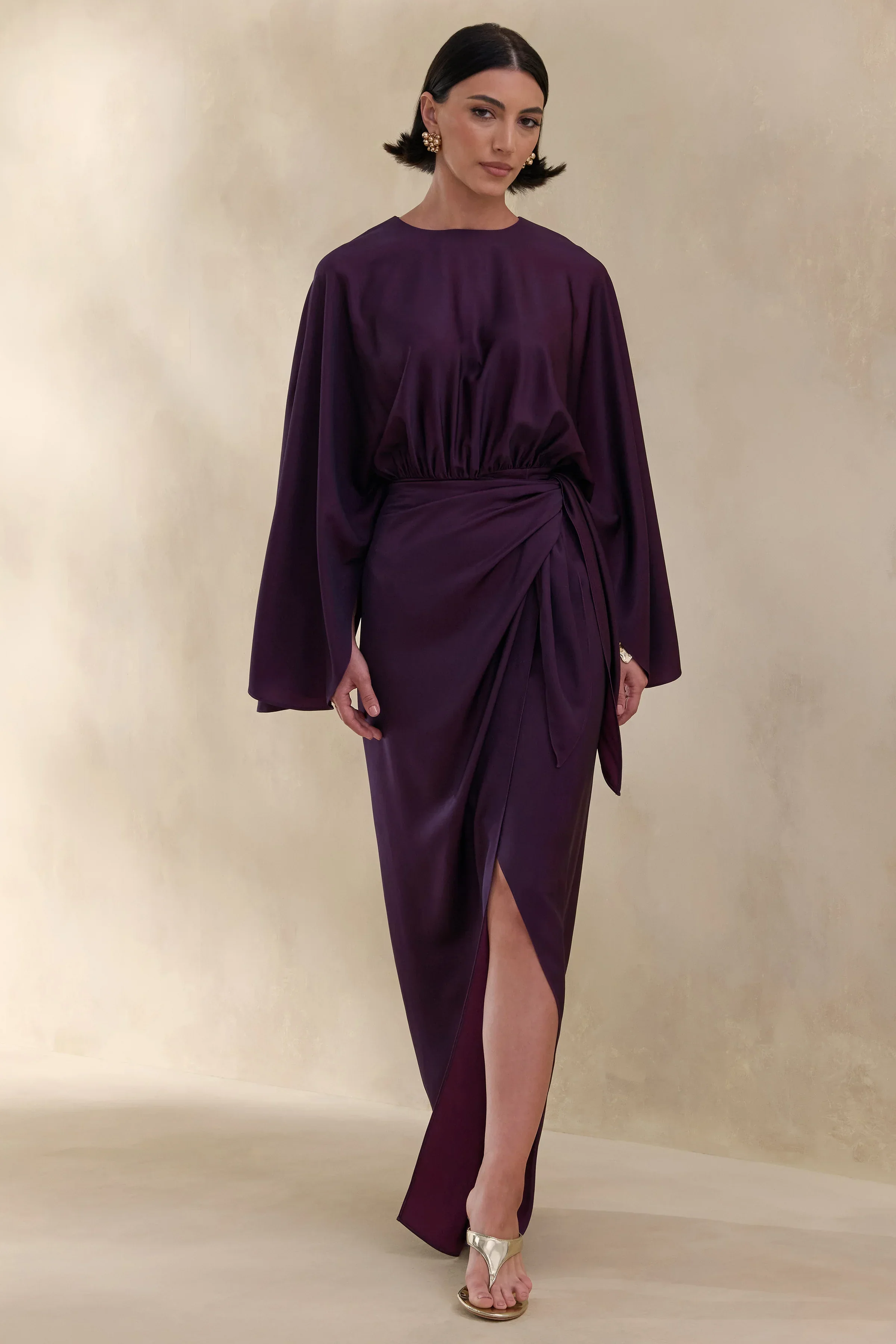 Delphina | Plum Satin Maxi Dress With Gathered And Knot-Detail