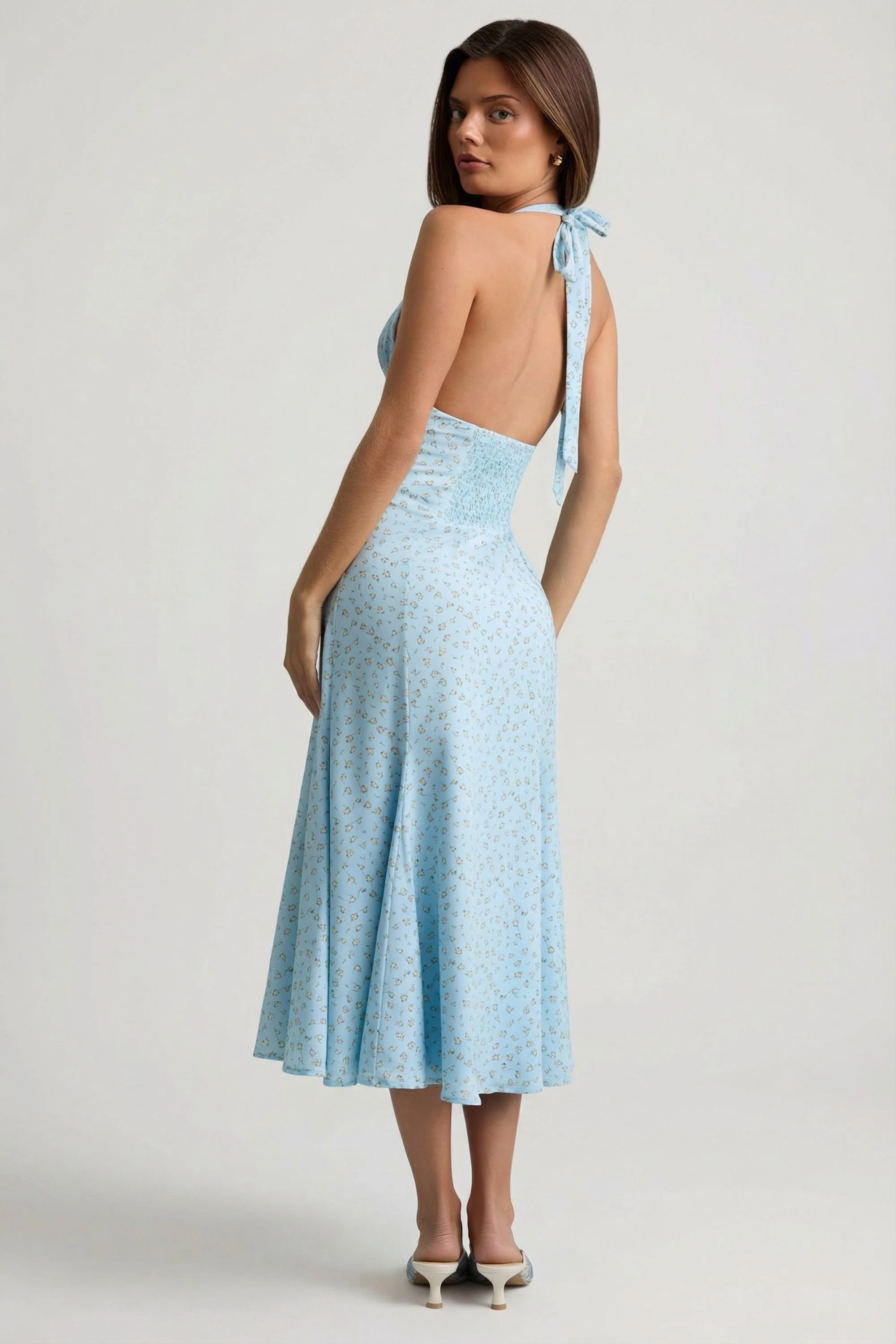 Halterneck Midaxi Dress in Blue Flower Print