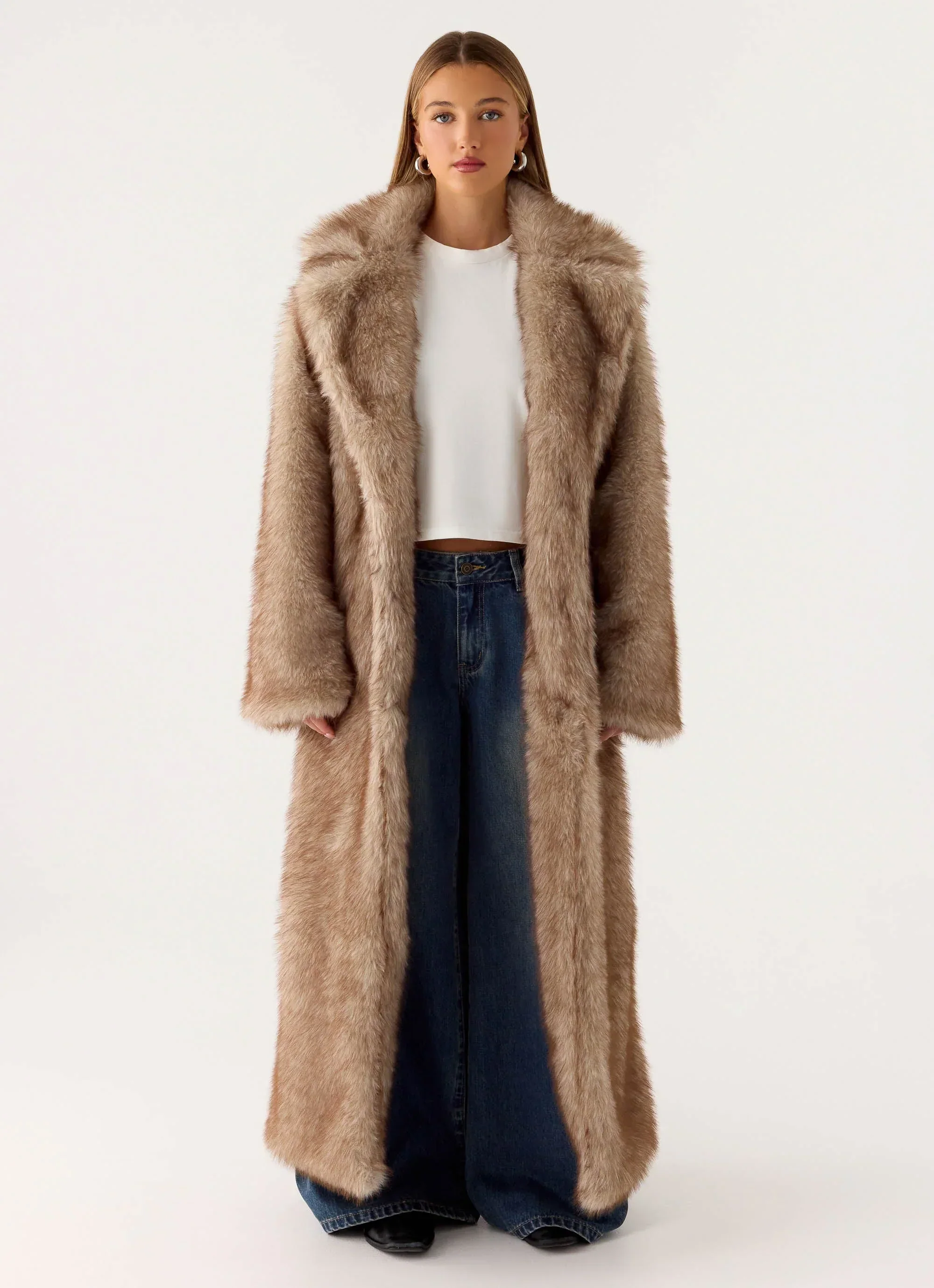 Kamil Faux Fur Maxi Coat - Tan Beige
