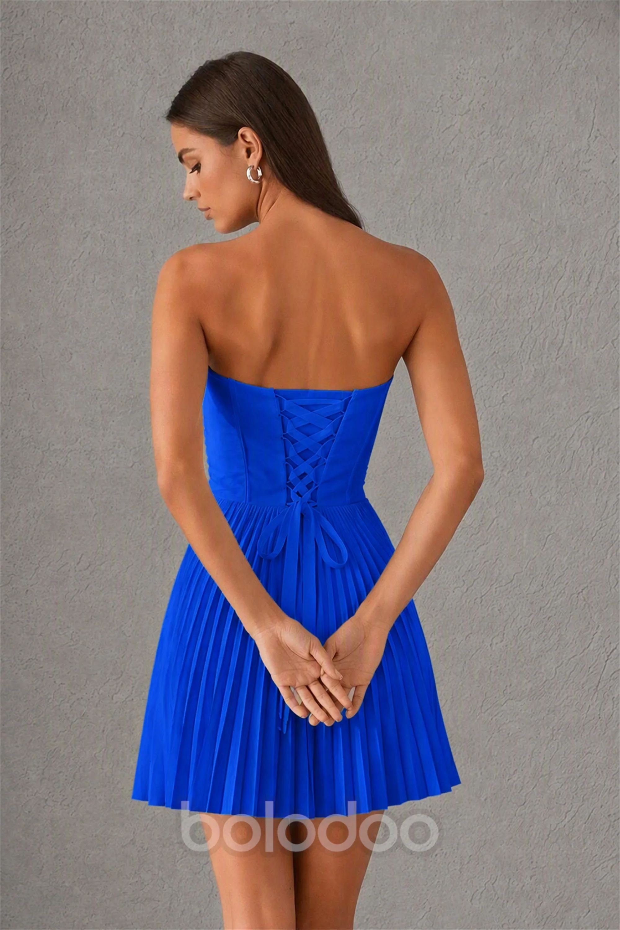 BOLODOO Royal Blue（1） Strapless Sweetheart Pleated Corset Mini Dress with Lace-Up Back