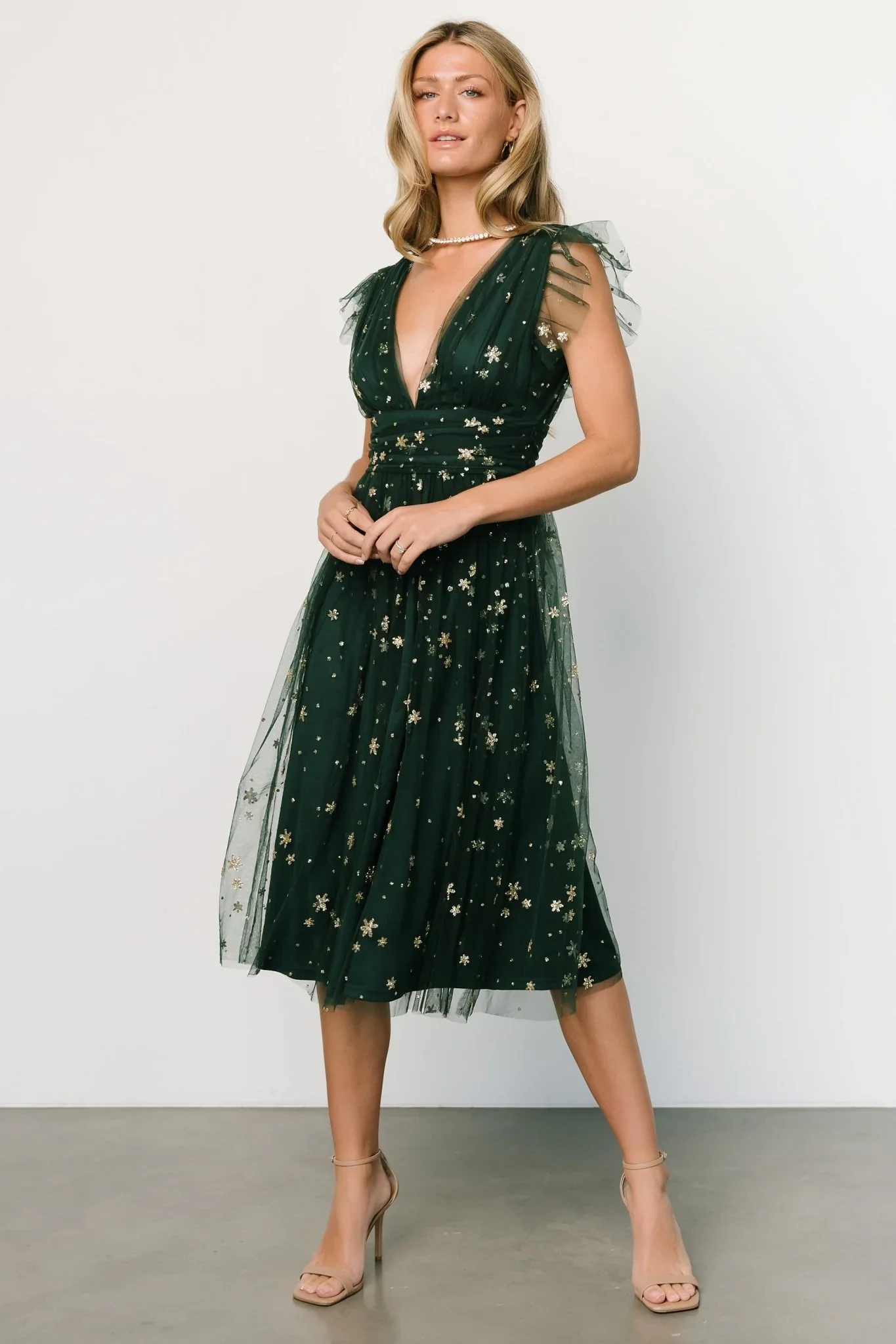 Chiara Shimmer Midi Dress | Green + Gold