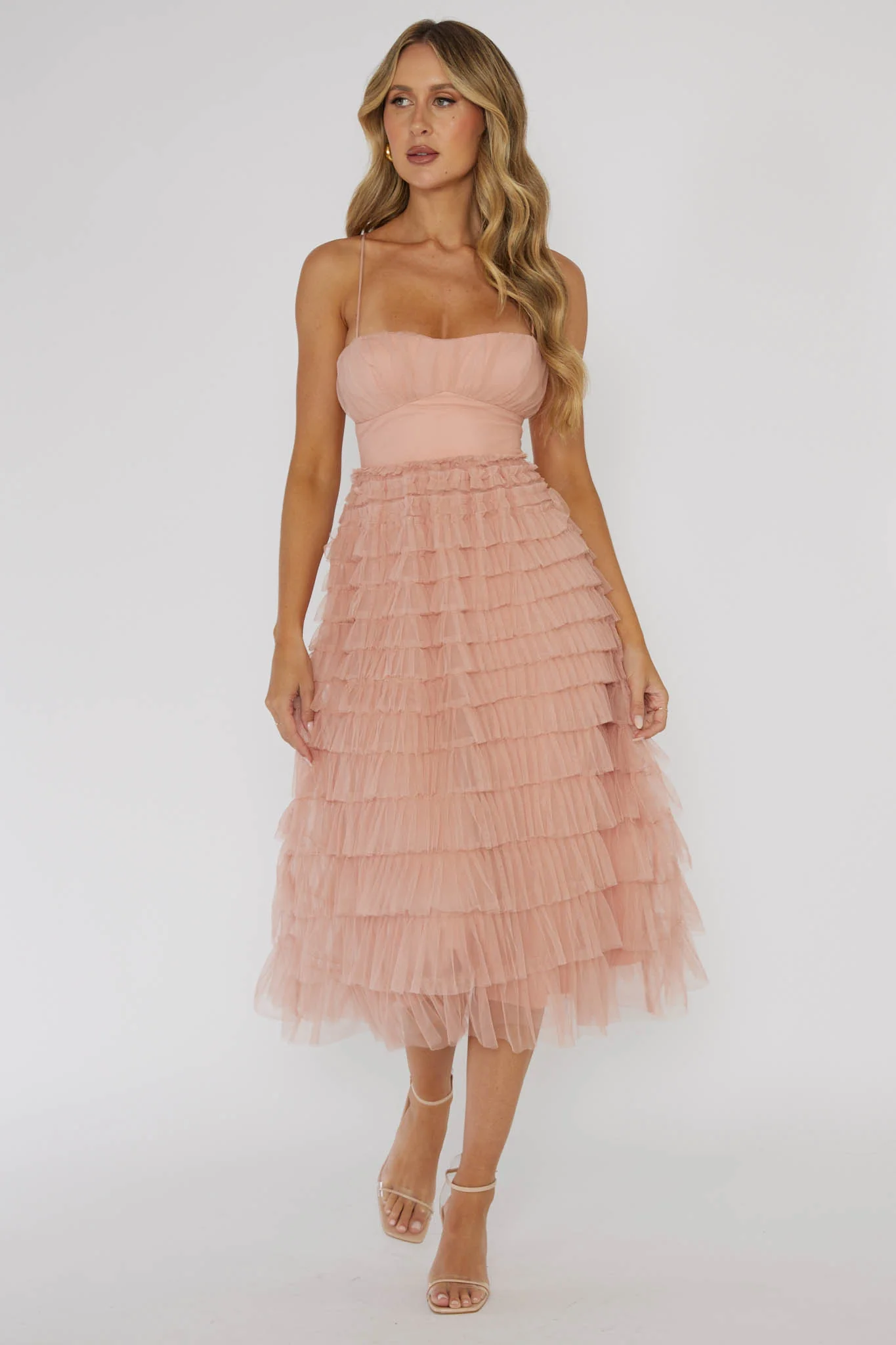 Garden Party Tiered Frill Midi Dress Blush
