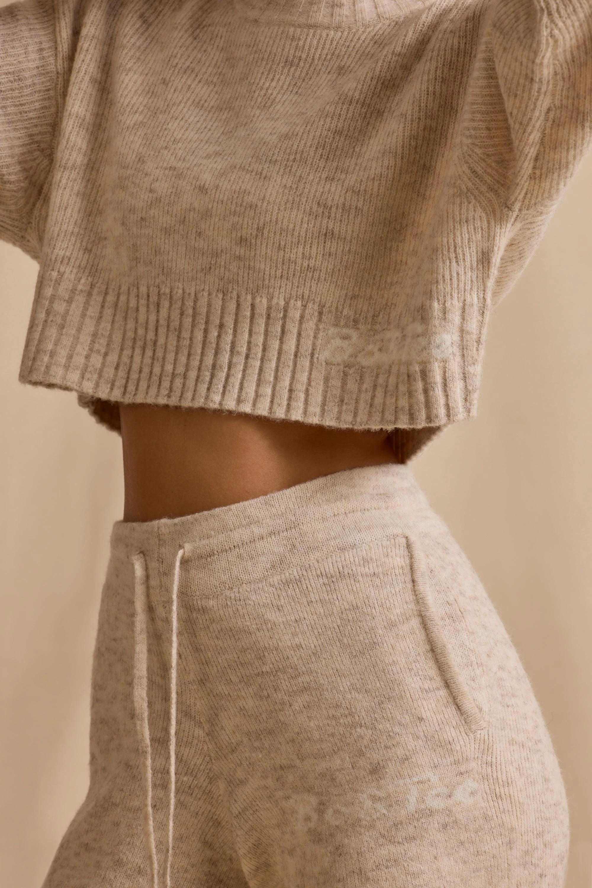 Ribbed Knit Mid-Rise Wide-Leg Joggers in Cream Marl