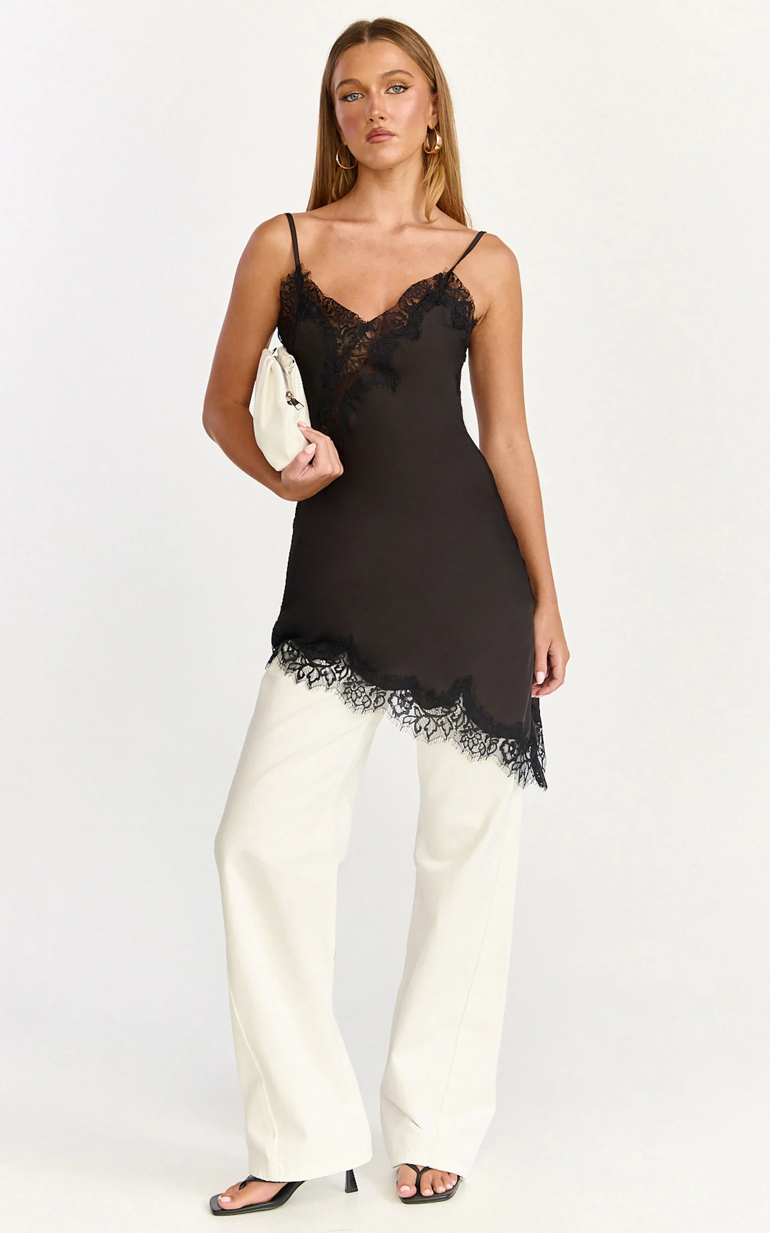 Iris Mini Dress - Lace Trim Asymmetrical Camisole Dress in Black