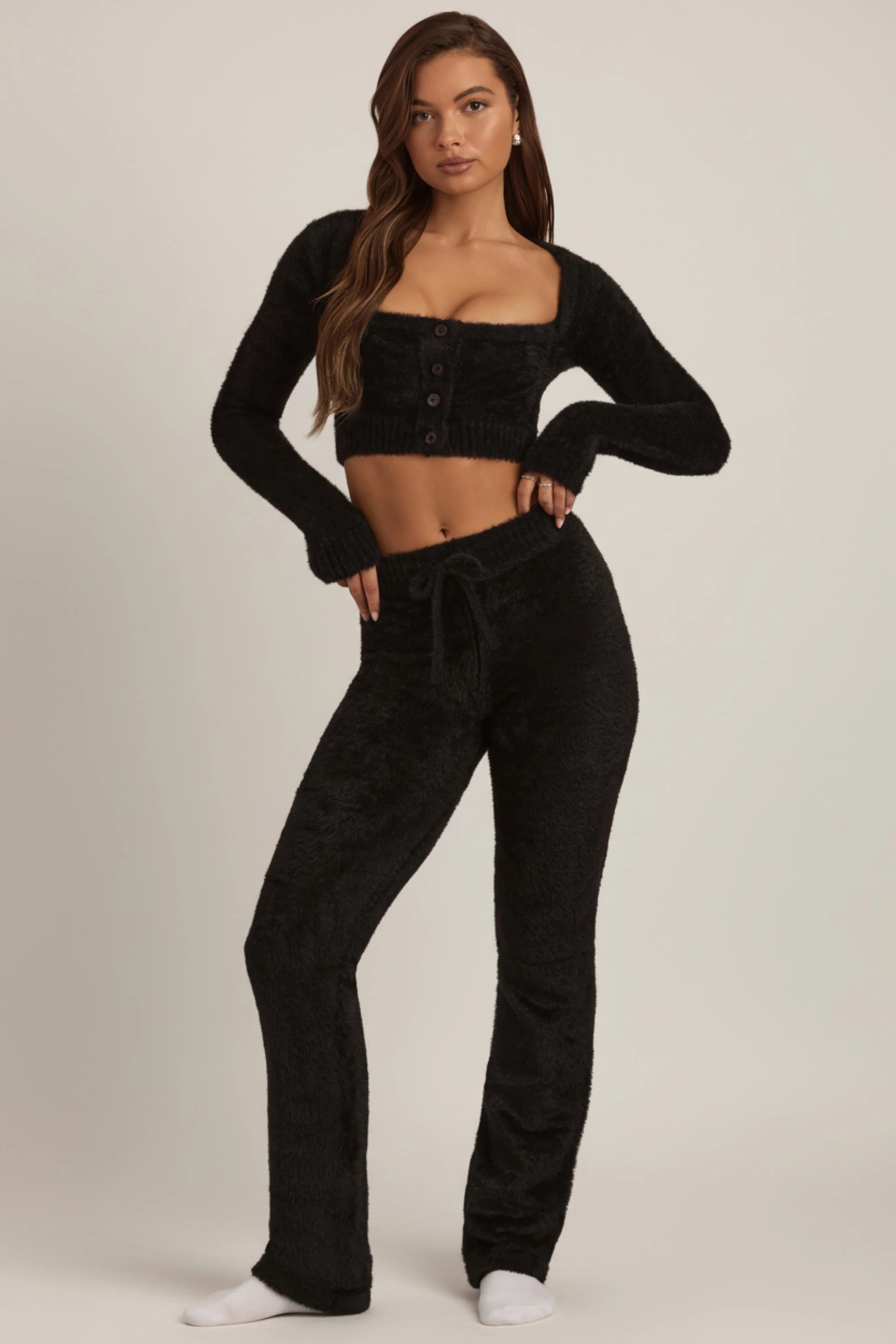 Fluffy Knit Wide-Leg Trousers in Black