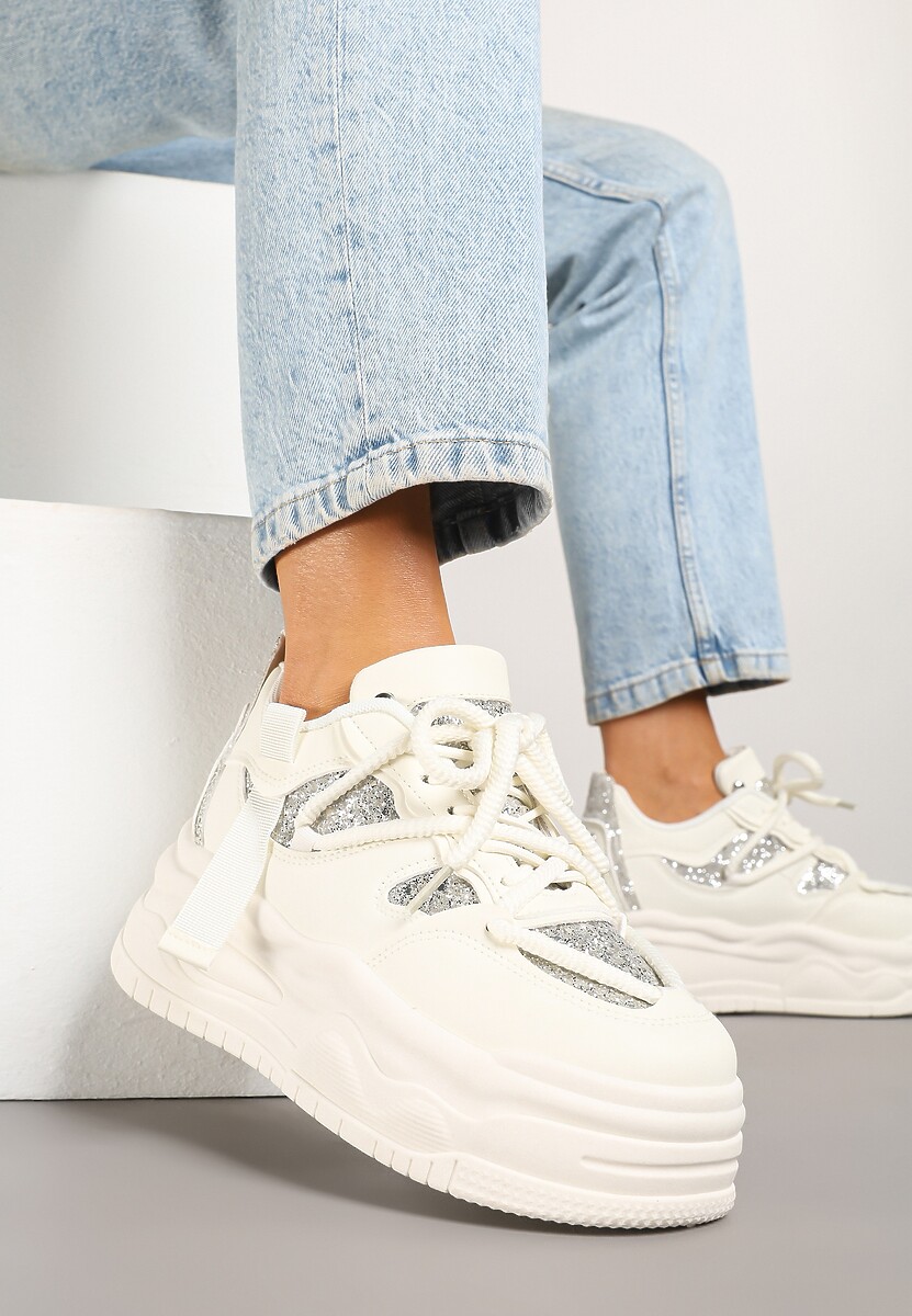 Beżowo-Panterkowe Sneakersy w Streetwearowym Stylu na Tłoczonej Platformie z Brokatem Mailienne