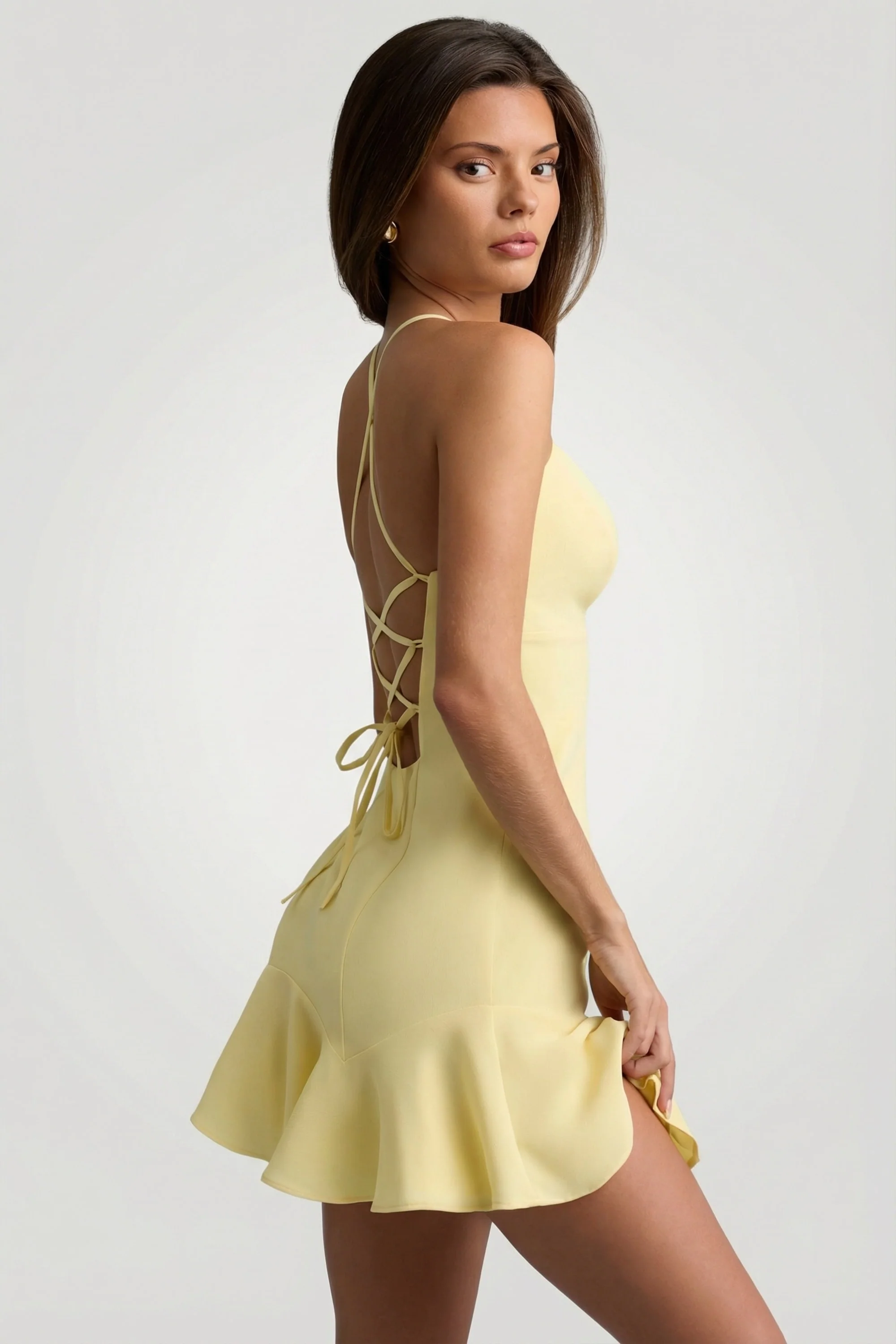 Drop-Waist Lace-Up Mini Dress in Yellow