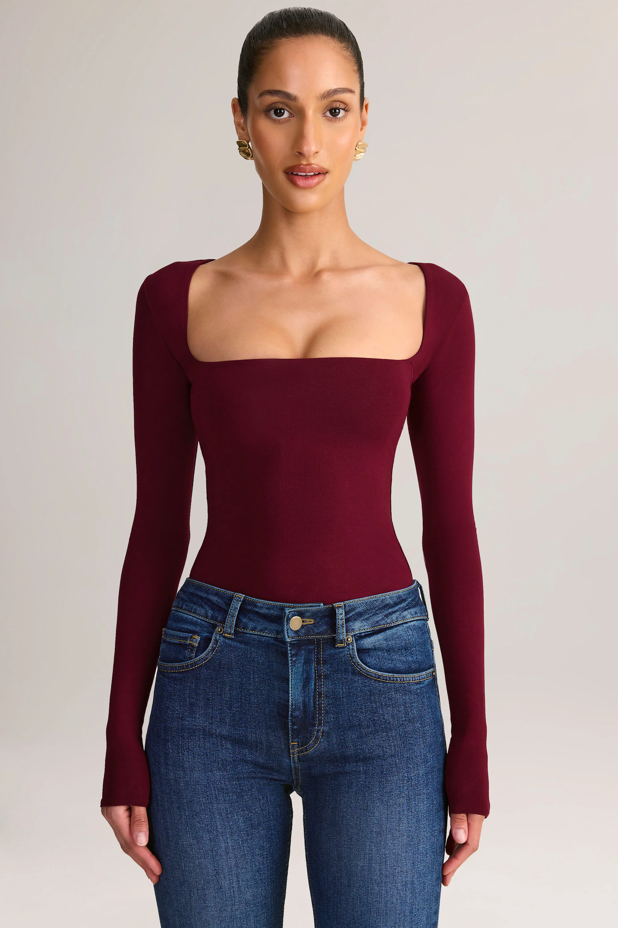 Modal Square-Neck Long-Sleeve Top in Wine