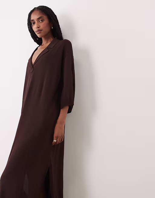 ARKET open knit polo shirt dress in brown