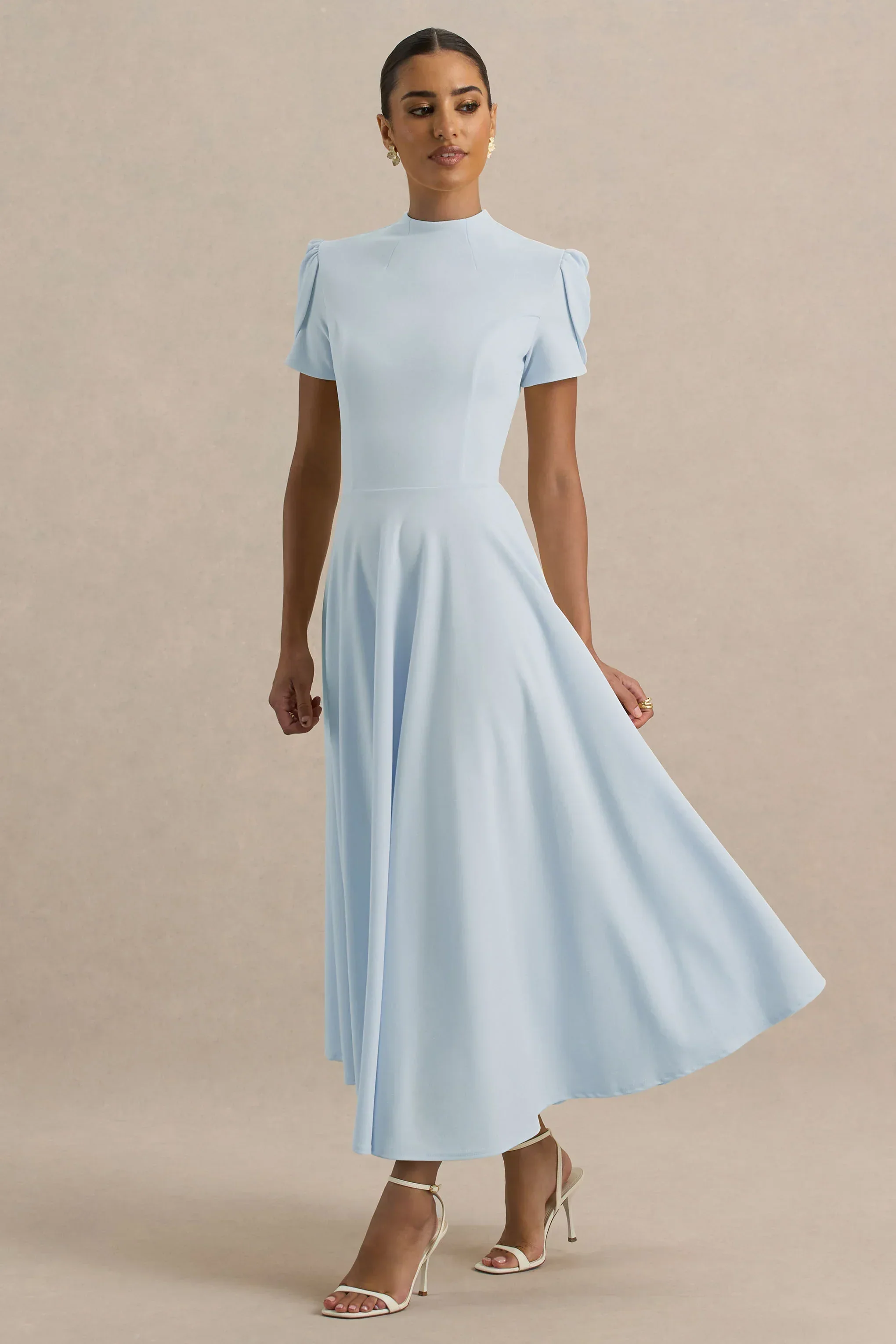 Vicky | Powder Blue High Neck Midi Dress With Puff Sleeves - luluinthesky