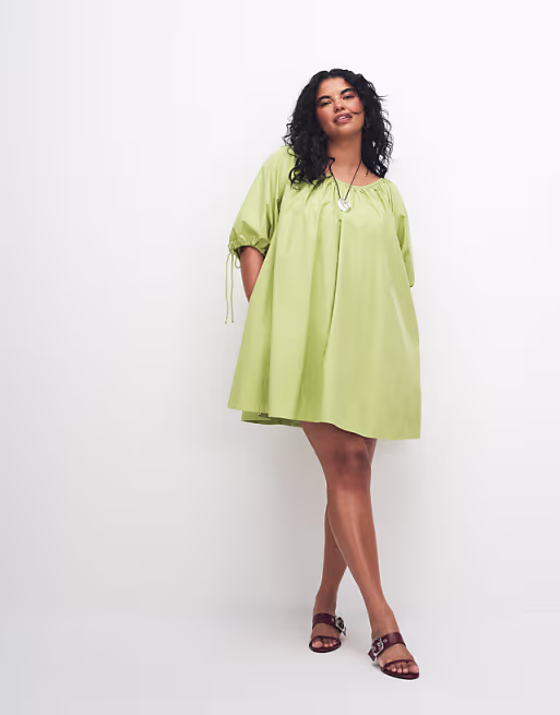 Curve scoop neck poplin mini dress with tie sleeves in green