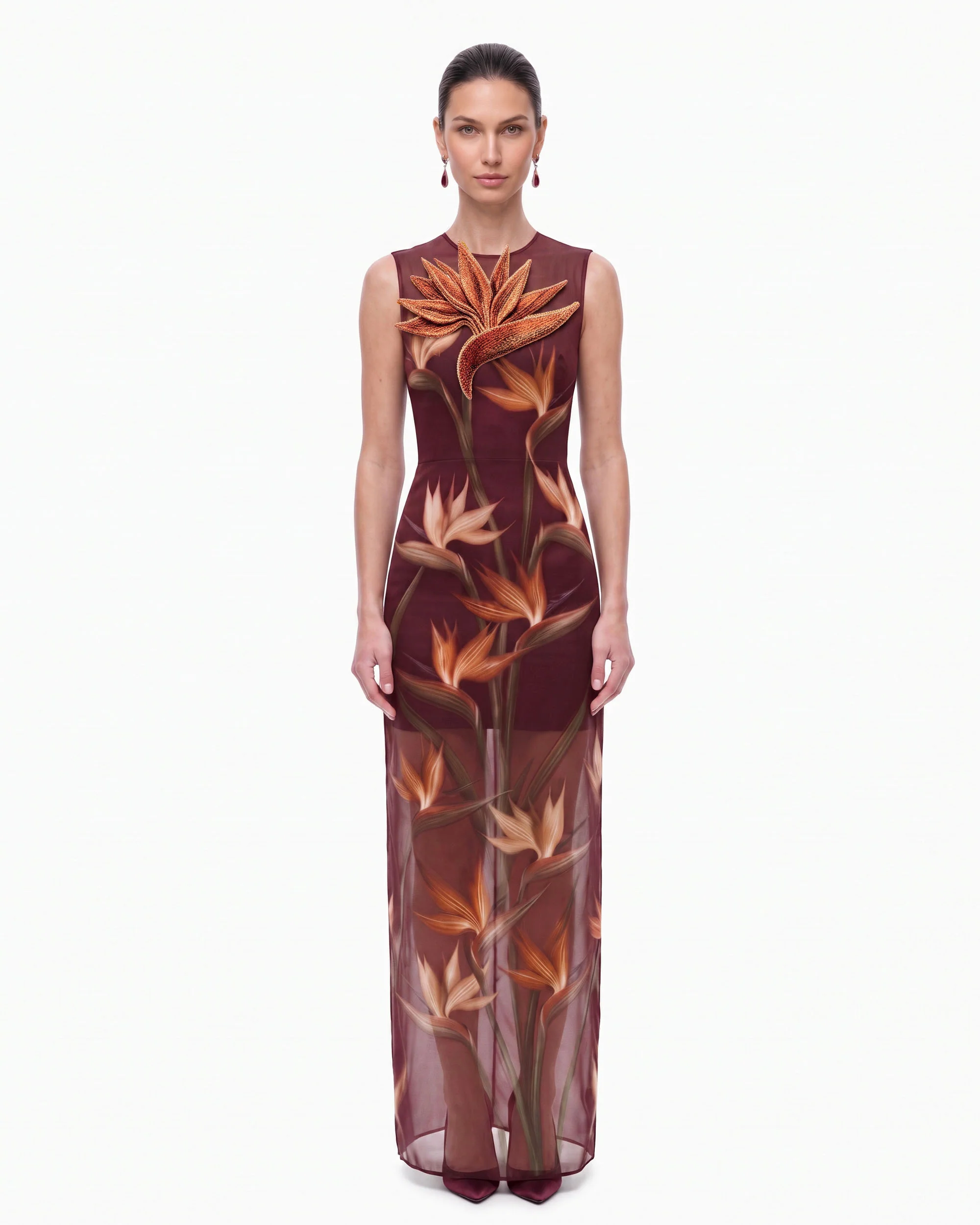 Bird of Paradise Appliqué Sheer Column Maxi Dress - Burgundy