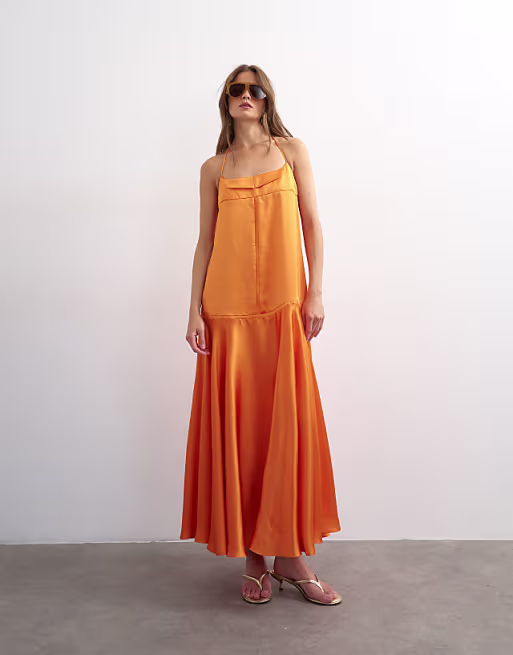 Topshop satin seamed maxi dress with piped edges in russet orange