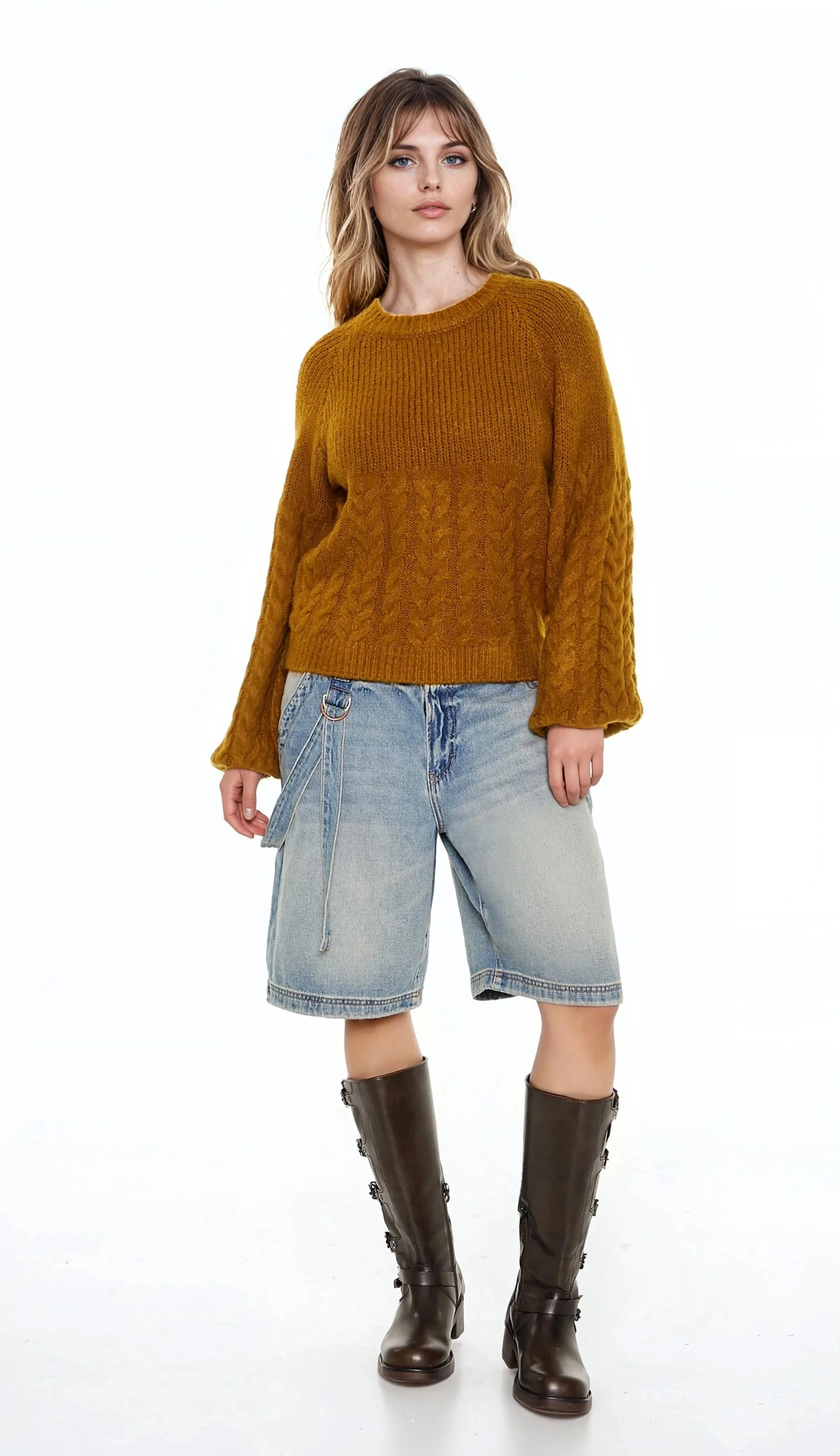 Peasant-Sleeve Cable Knit Sweater