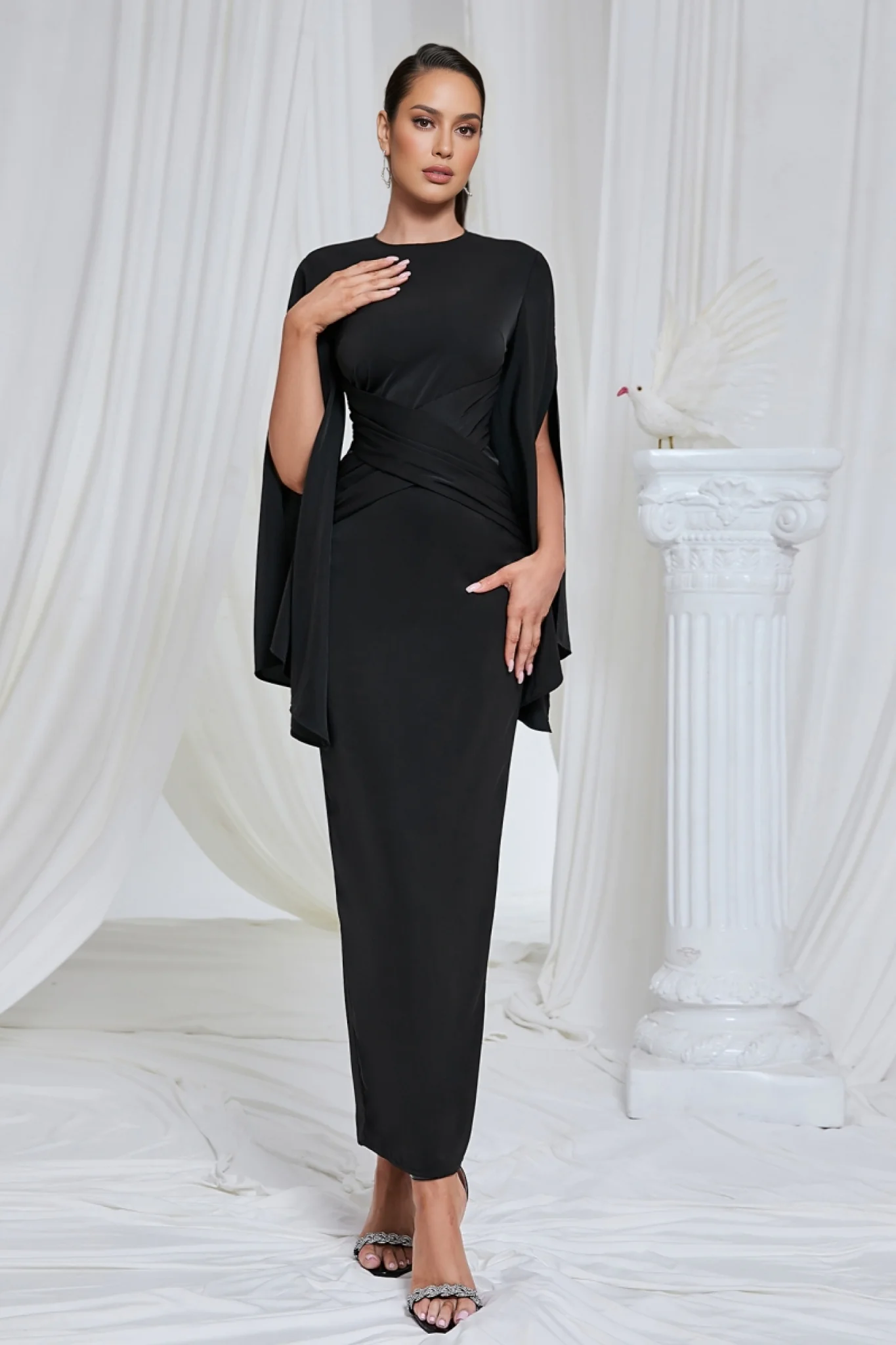 Nali Solid Black Round Neck Maxi Dress