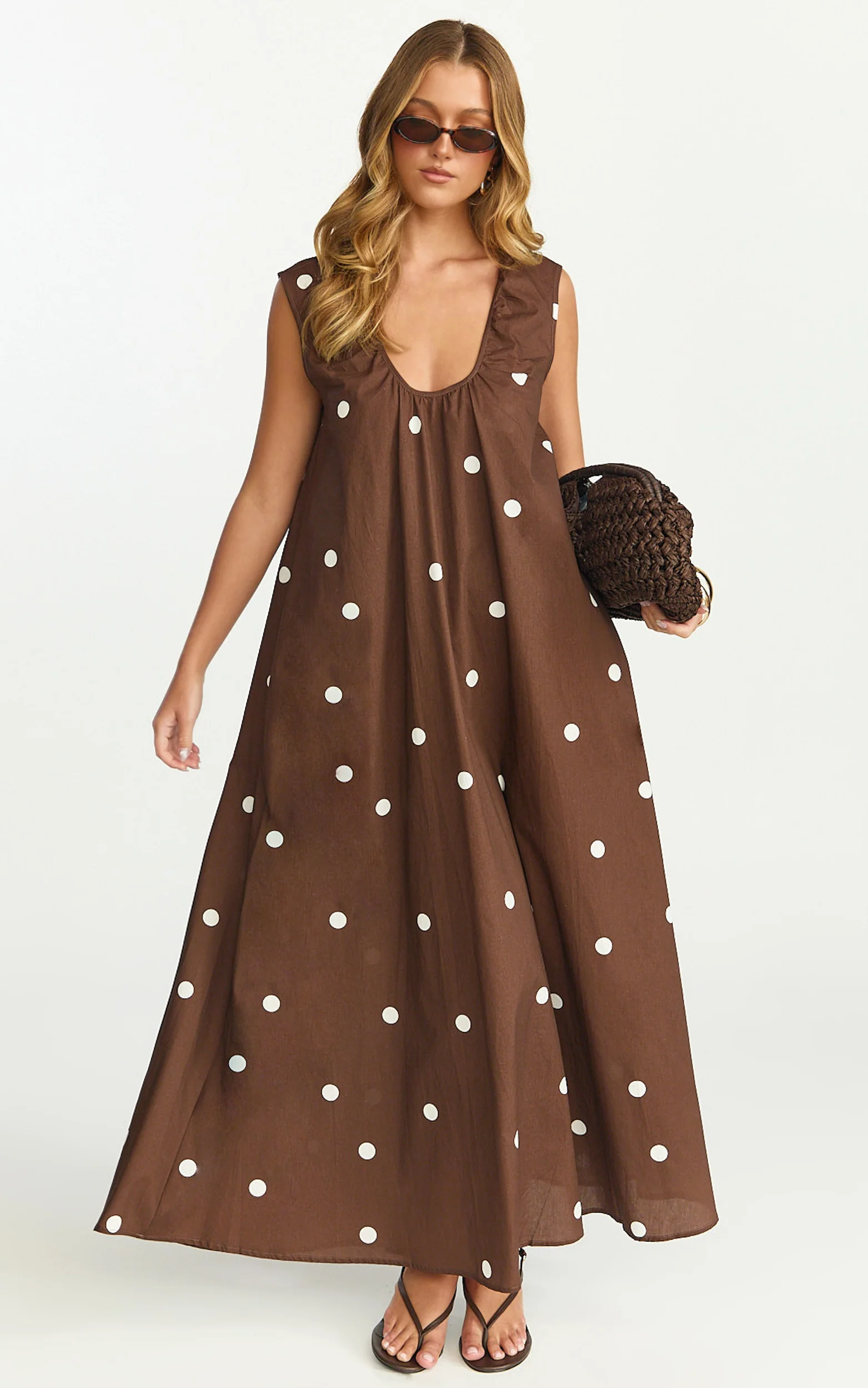 Simone Maxi Dress - U Halter Neck Linen Polkadot Dress in Chocolate