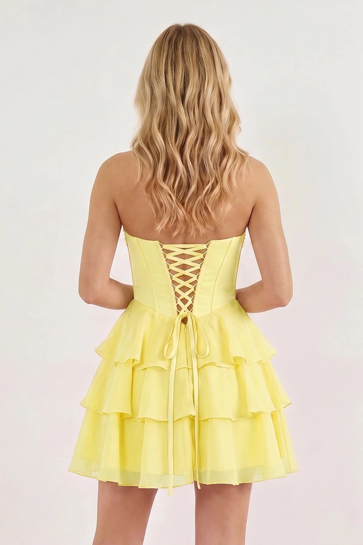 Pink Strapless Tiered A-Line Ruffled Chiffon Appliqued Homecoming Dress