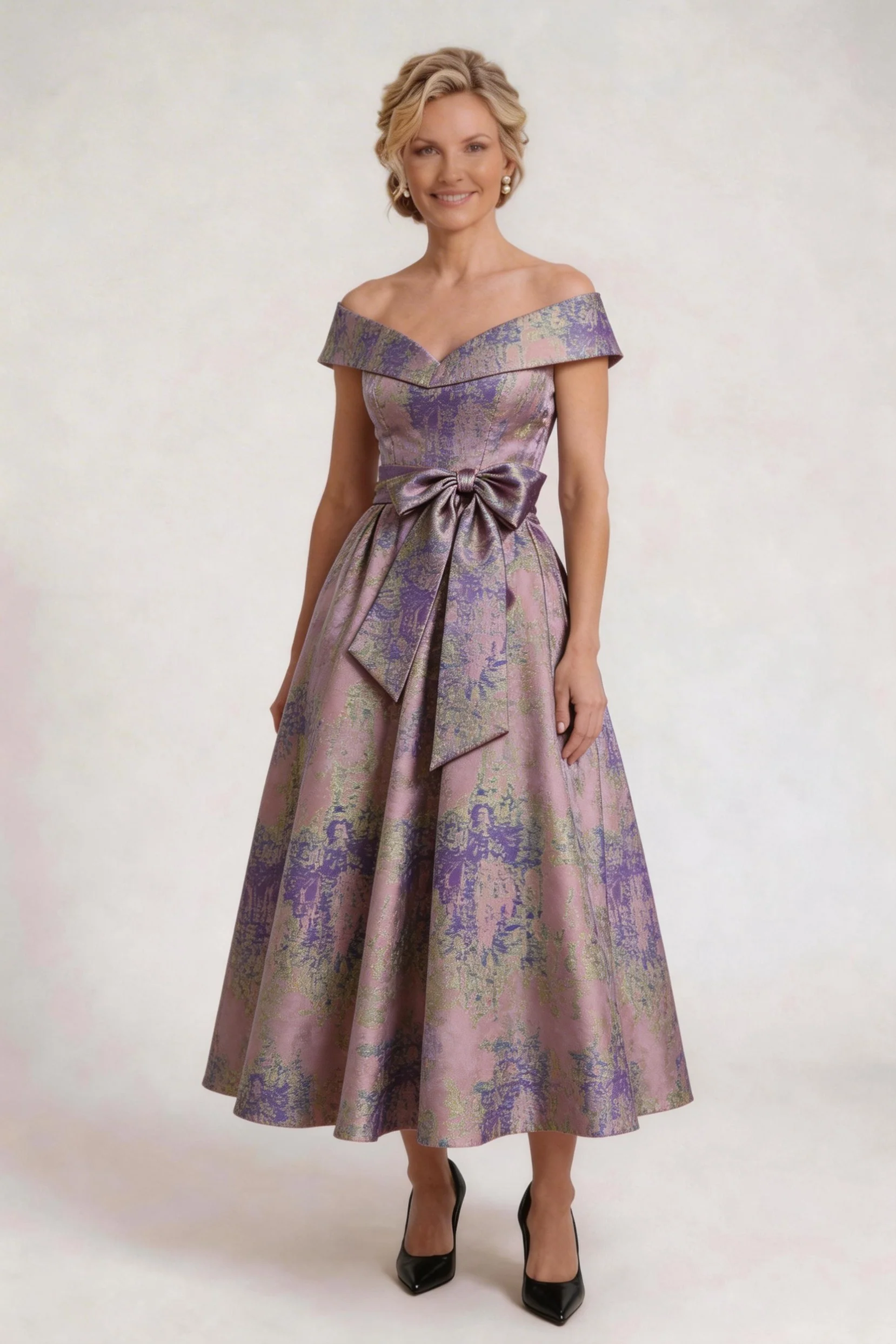 A-Line Tea-Length Jacquard Mother of the Bride Dress CM0427