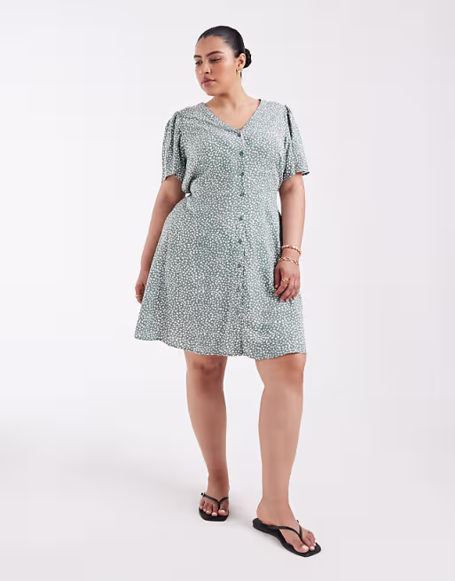 Vero Moda Curve button up mini skater dress in sage green spot