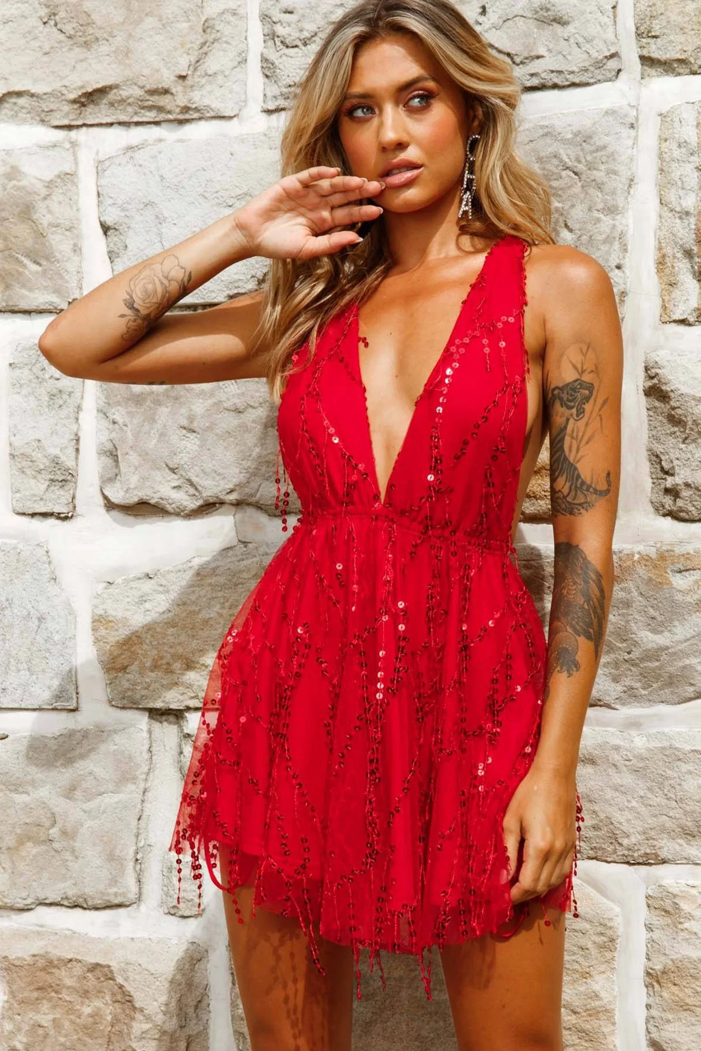 Ariana Sequin Mini Party Dress Red