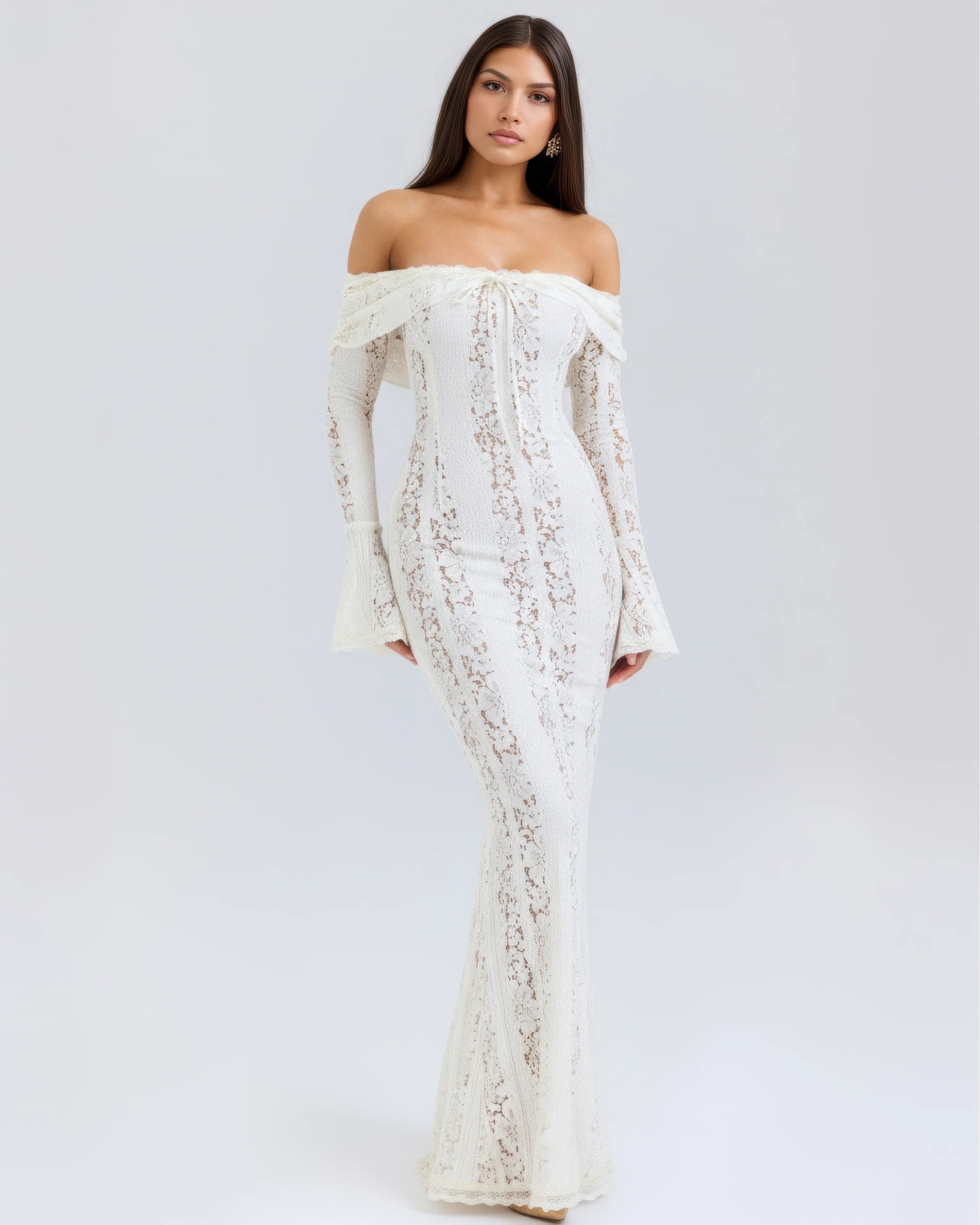 White Lace Maxi Dress with Off-Shoulder Neckline & Sweeping Godet