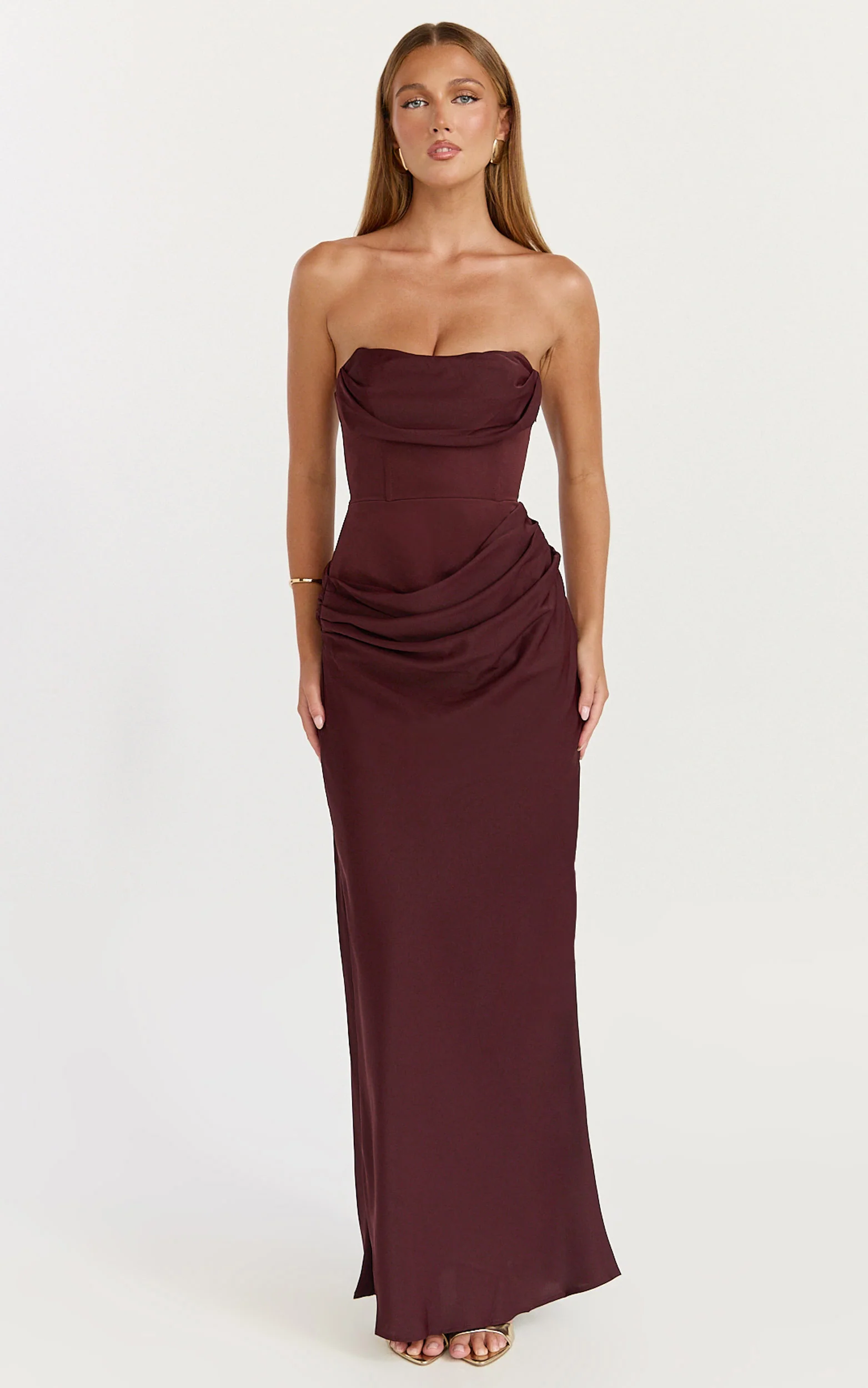 Phoebe Maxi Dress - Strapless Structured Bodice Drape Skirt Dress in Plum