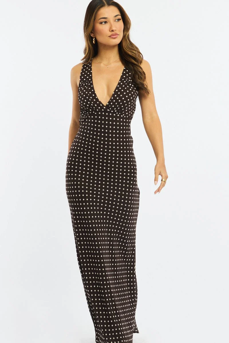 Brown Polka Dot Maxi Dress V-neck Chiffon