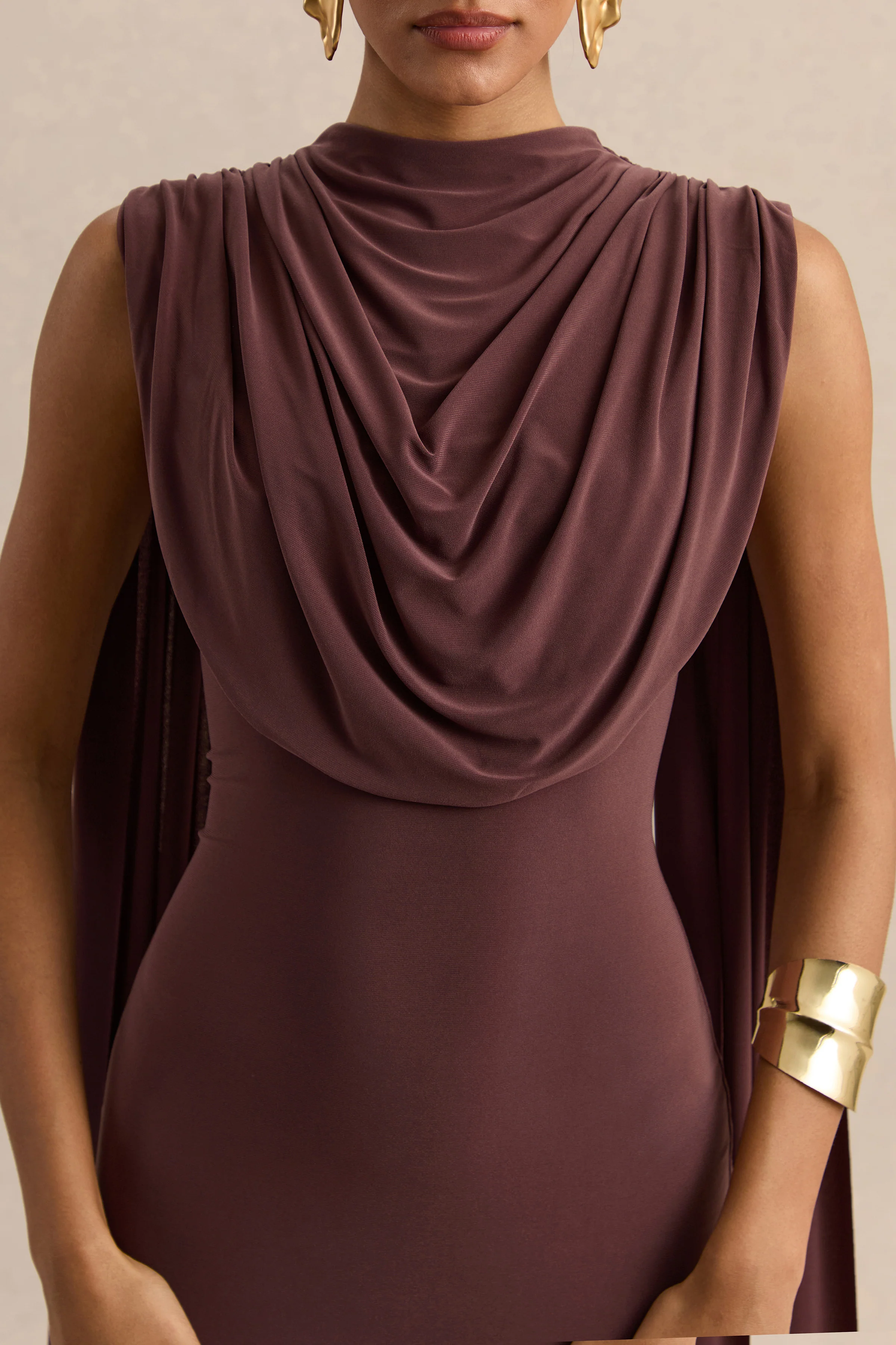 Patrina | Brown High-Neck Maxi Dress With Draped-Detailing And Cape-Sleeves