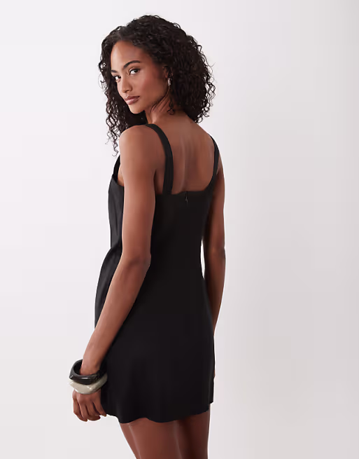Good American linen blend tailored square neck mini dress in black