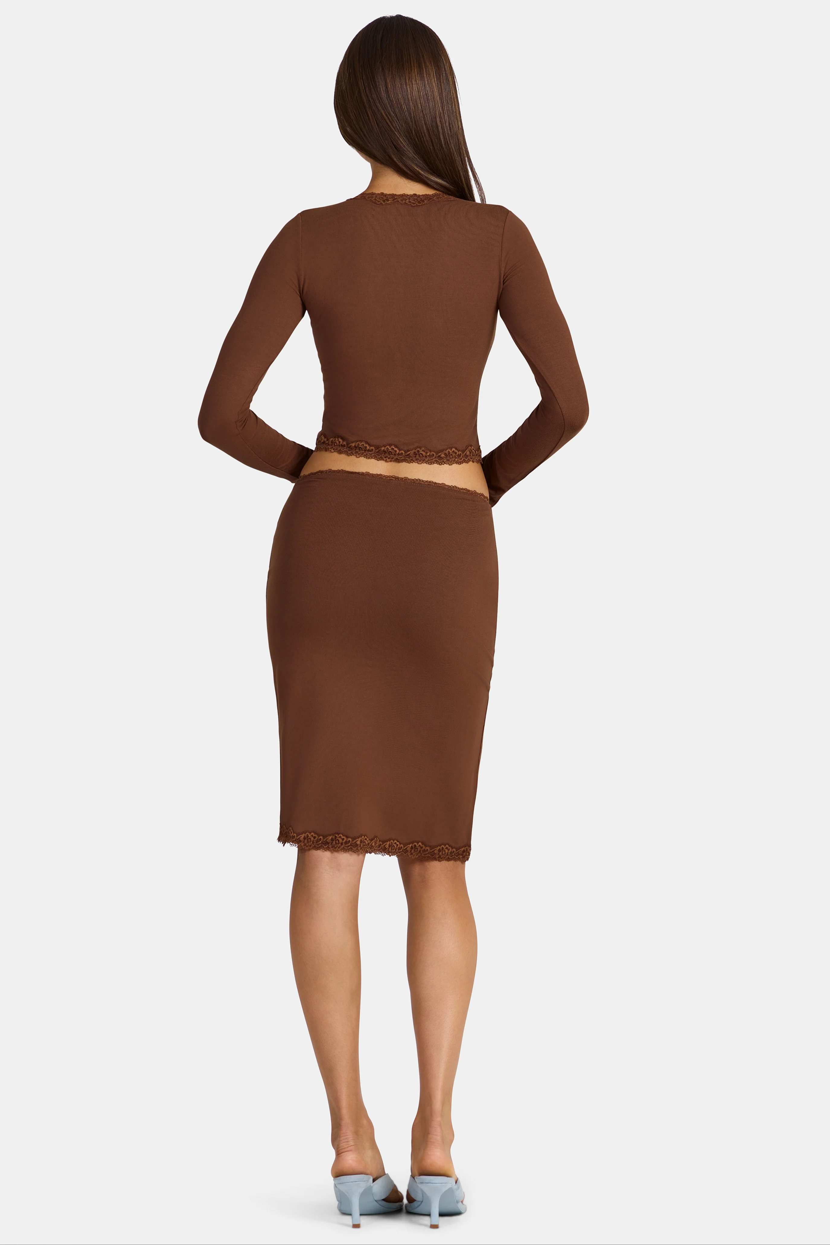 Modal Lace-Trim Low-Rise Midi Skirt in Cocoa Brown